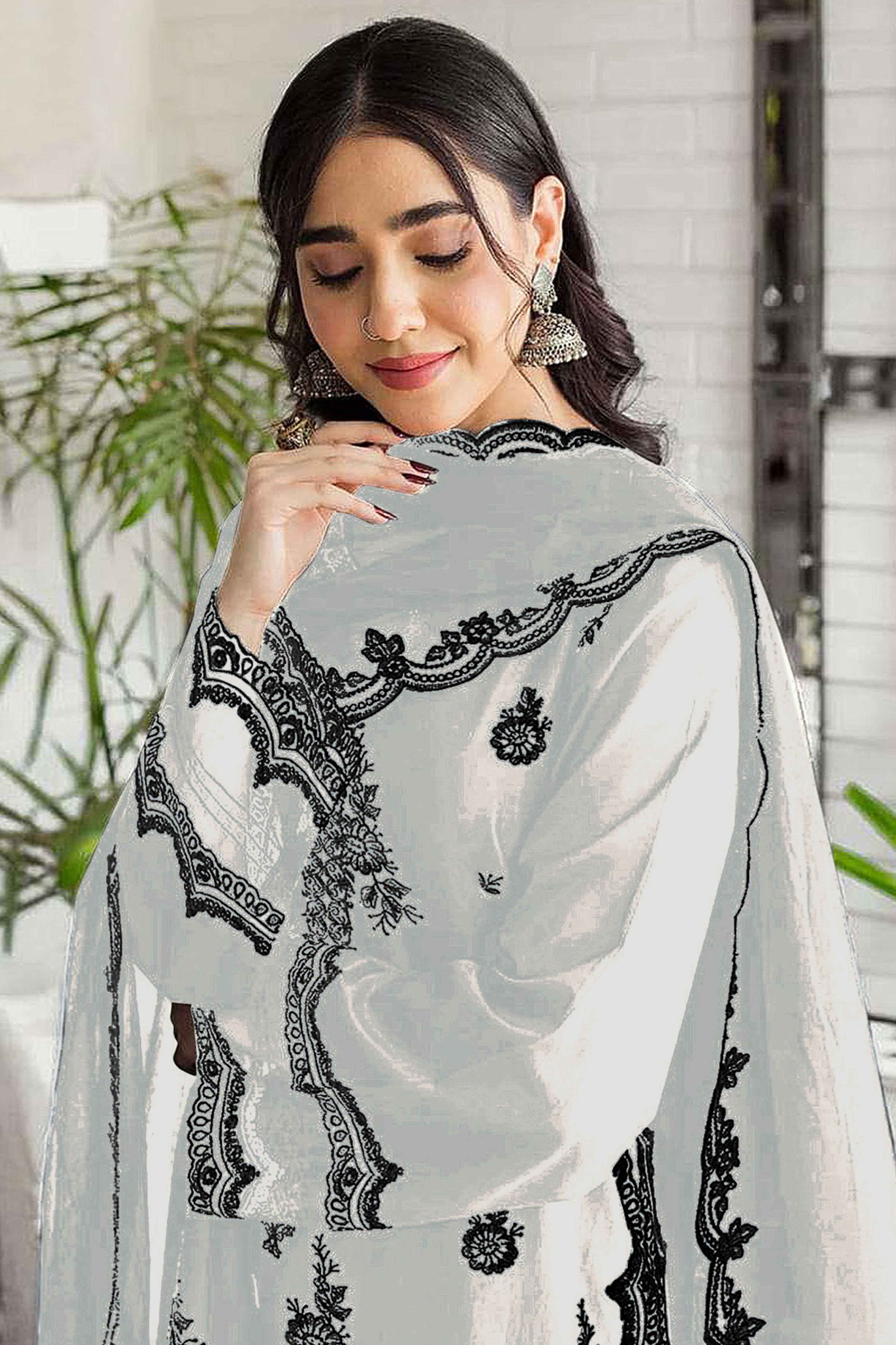 White Floral Embroidery Georgette Semi Stitched Pakistani Suit