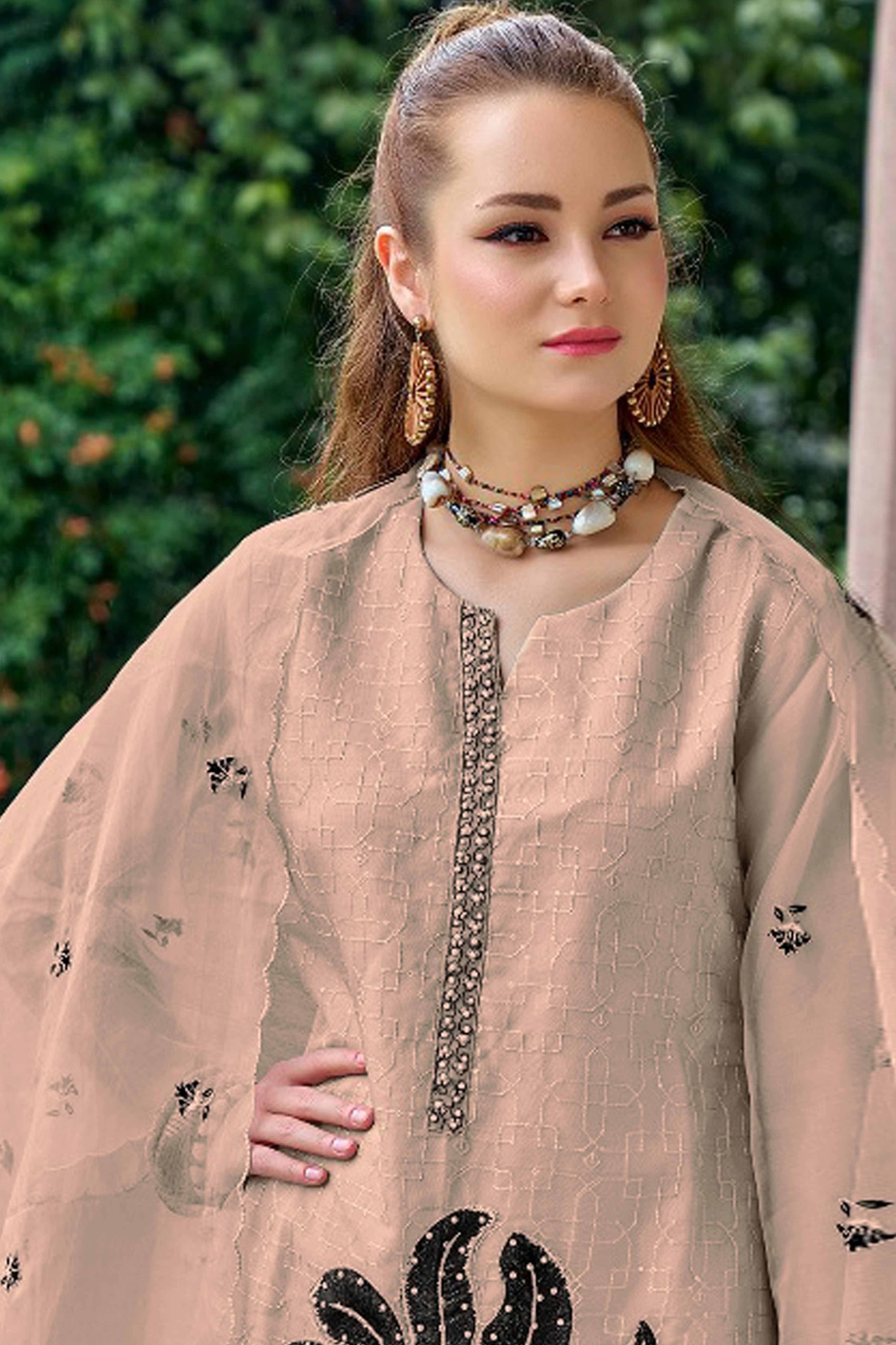 Chikoo Floral Sequins Embroidered Organza Semi Stitched Pakistani Suit