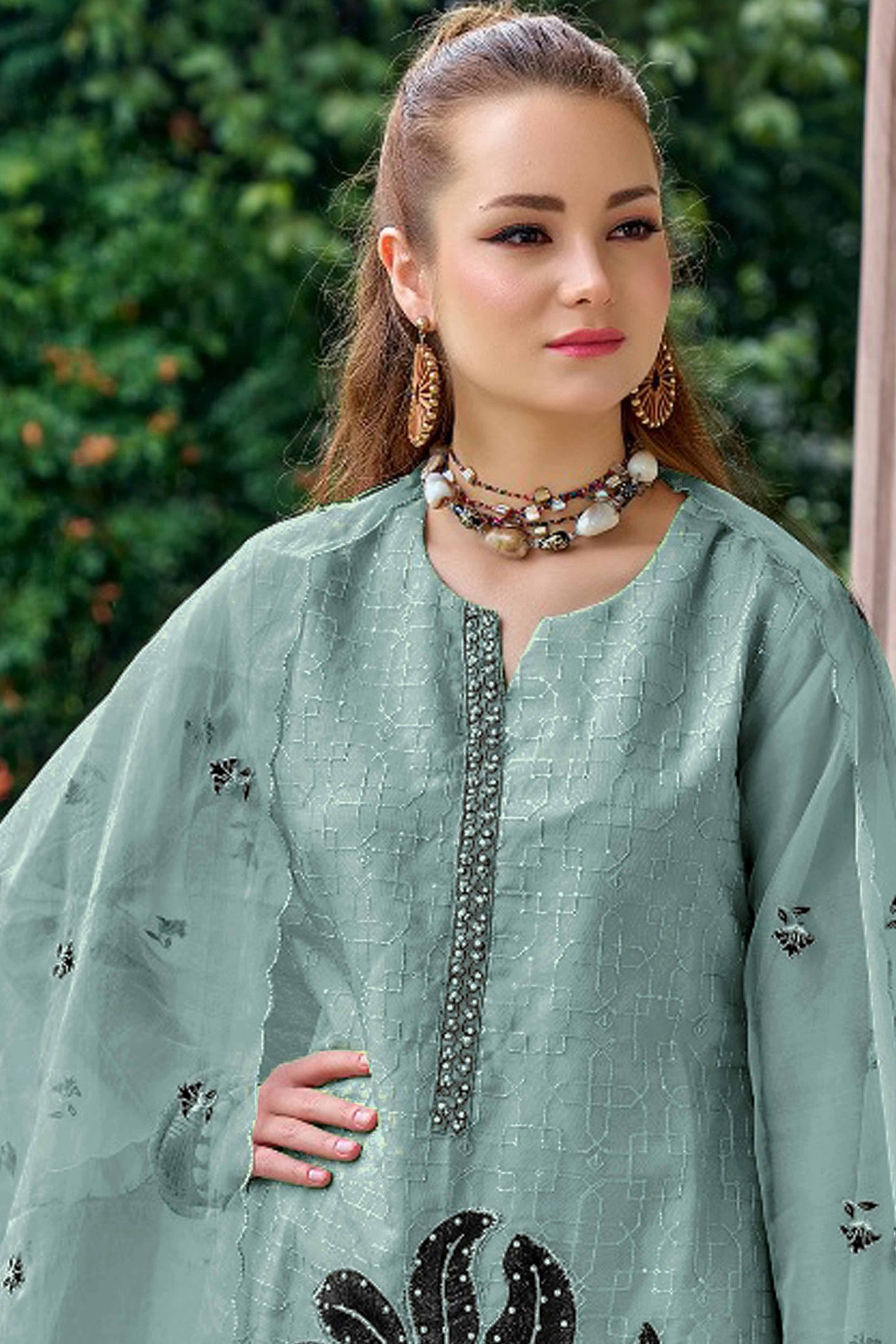 Blue Floral Sequins Embroidered Organza Semi Stitched Pakistani Suit