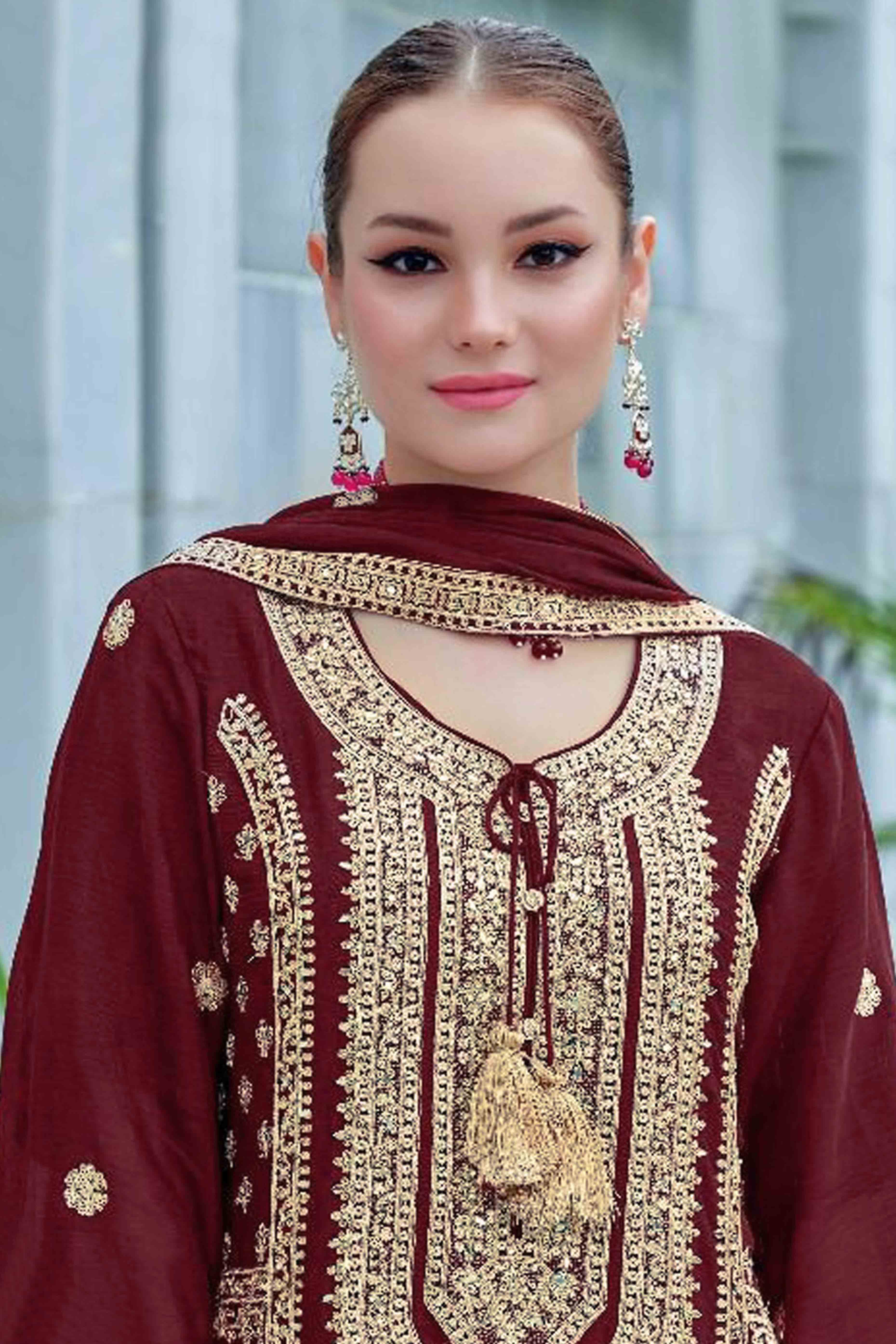 Maroon Floral Sequins Embroidered Chinon Semi Stitched Pakistani Suit