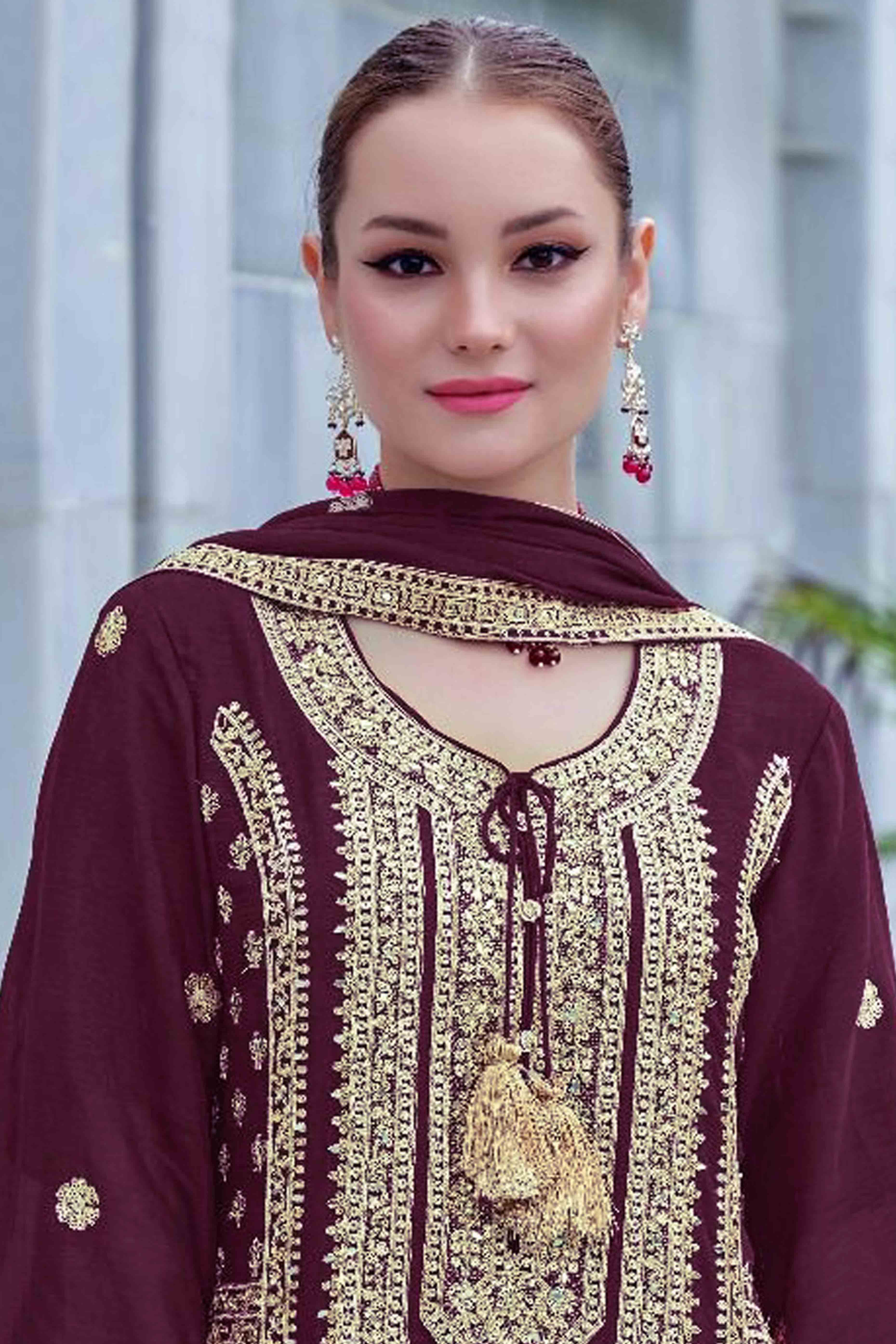 Wine Floral Sequins Embroidered Chinon Semi Stitched Pakistani Suit