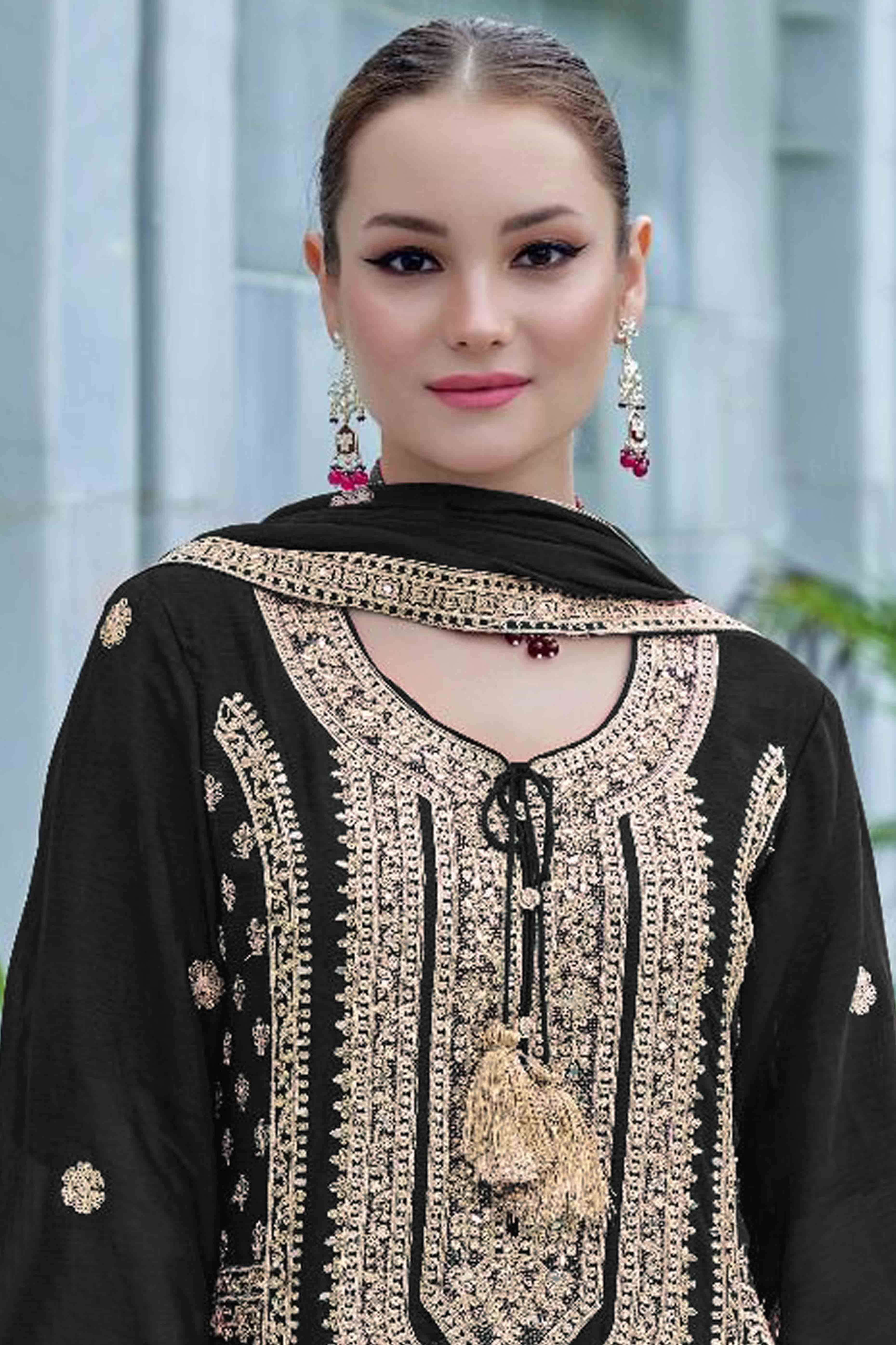 Black Floral Sequins Embroidered Chinon Semi Stitched Pakistani Suit