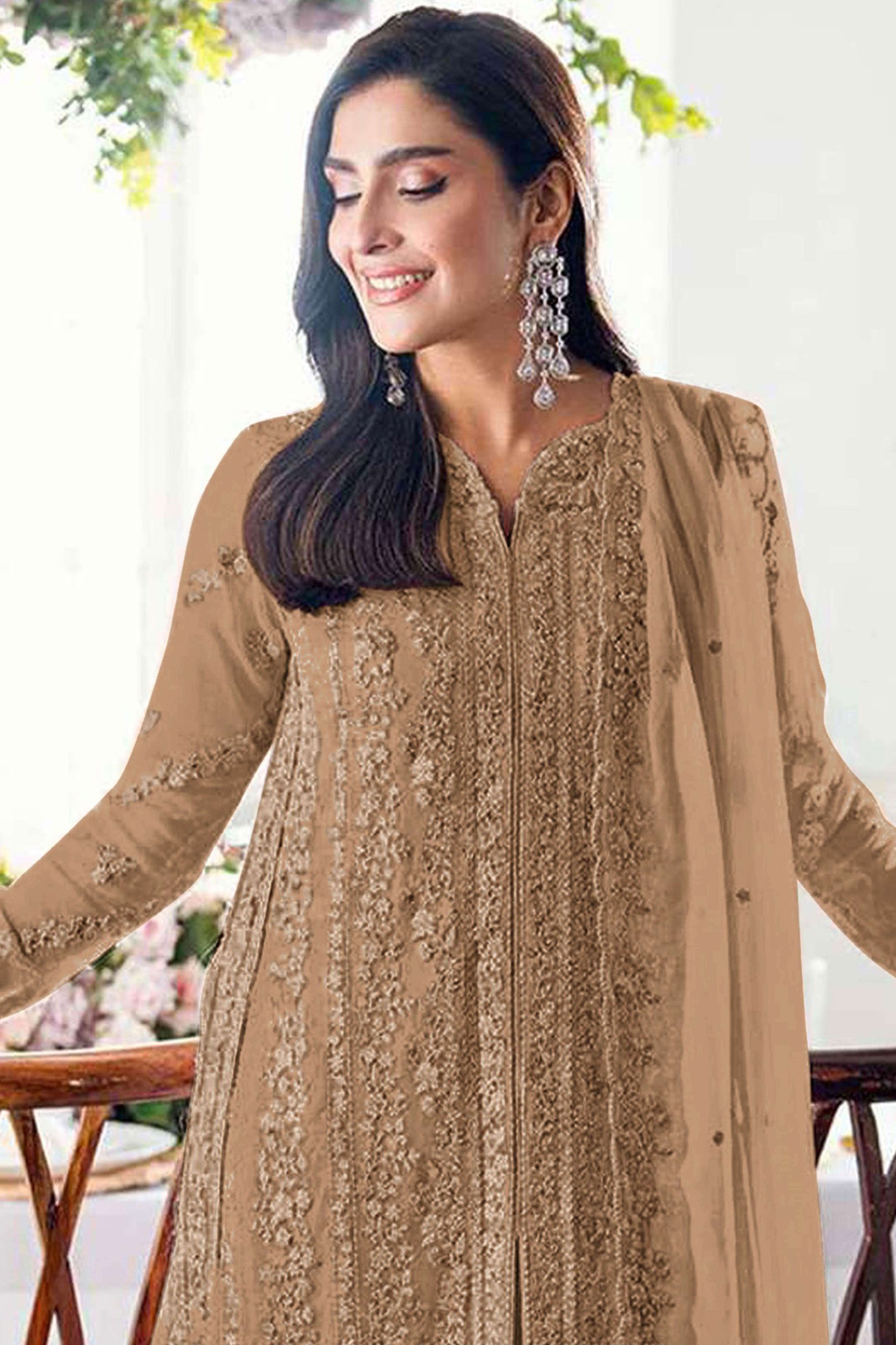 Beige Embroidered Georgette Semi-Stitched Pakistani Salwar Suit with Shimmering Sequins