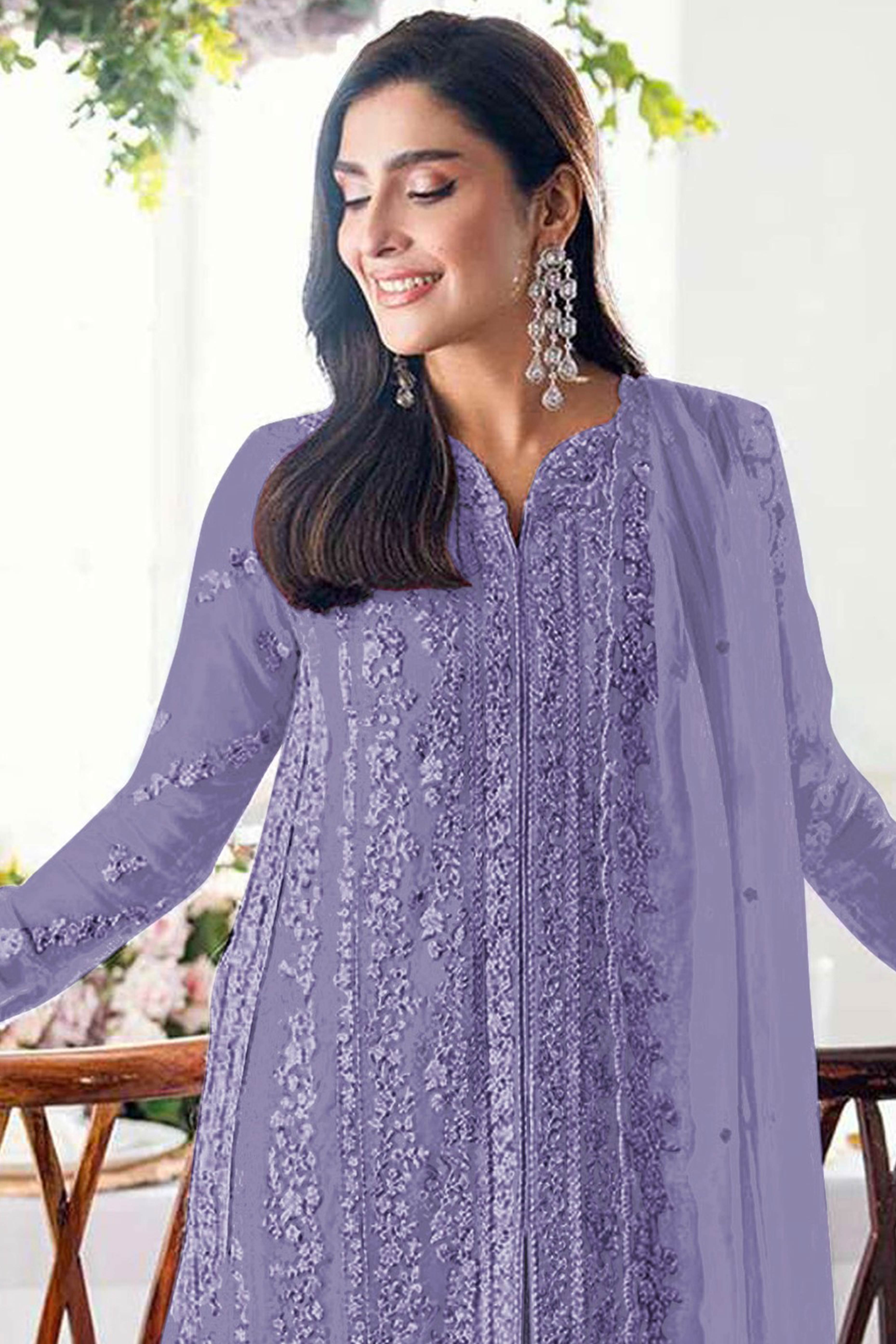 Lavender Embroidered Georgette Semi-Stitched Pakistani Salwar Suit with Shimmering Sequins