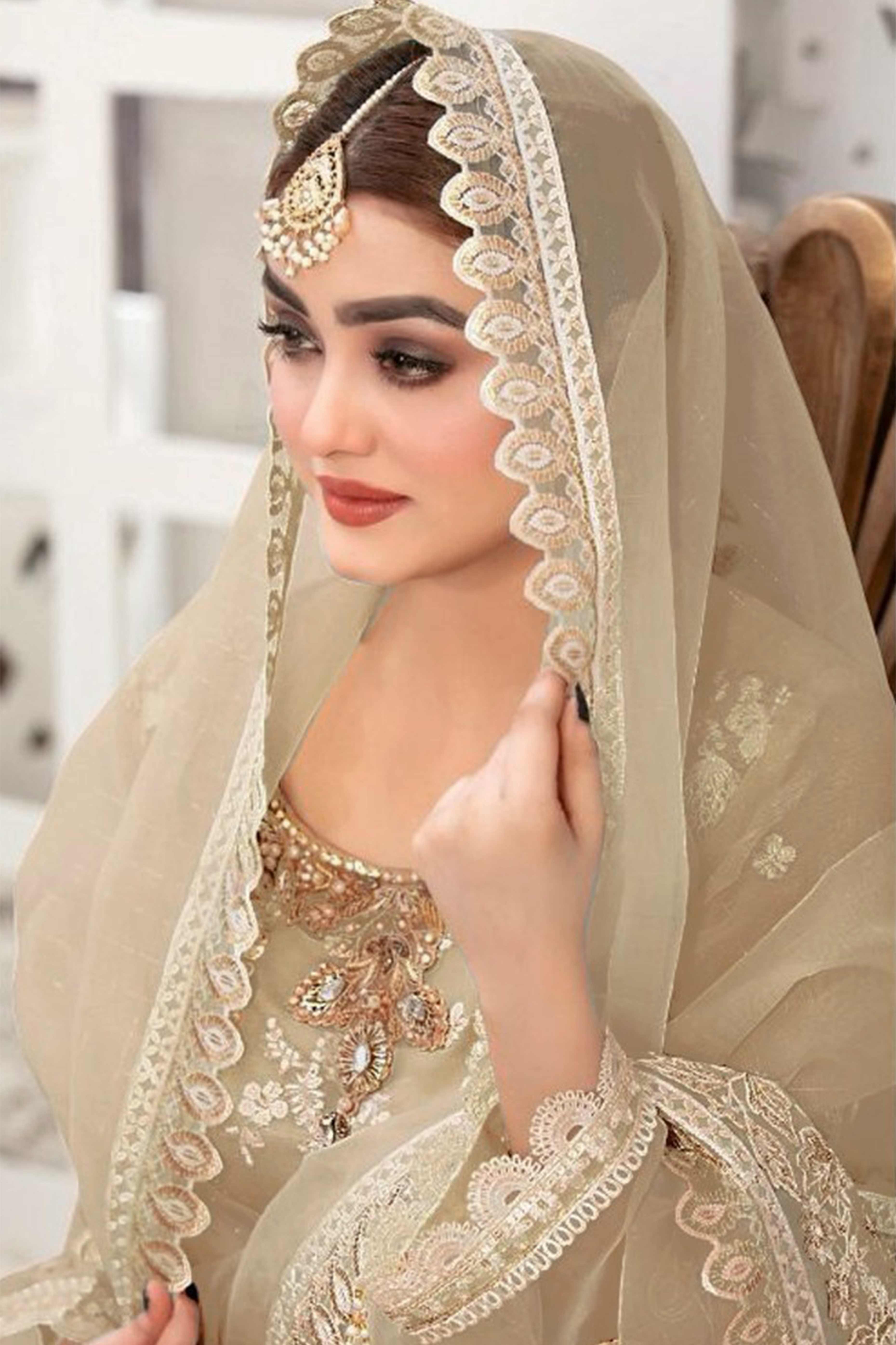 Beige Floral Embroidery With Moti Work Organza Semi Stitched Pakistani Suit