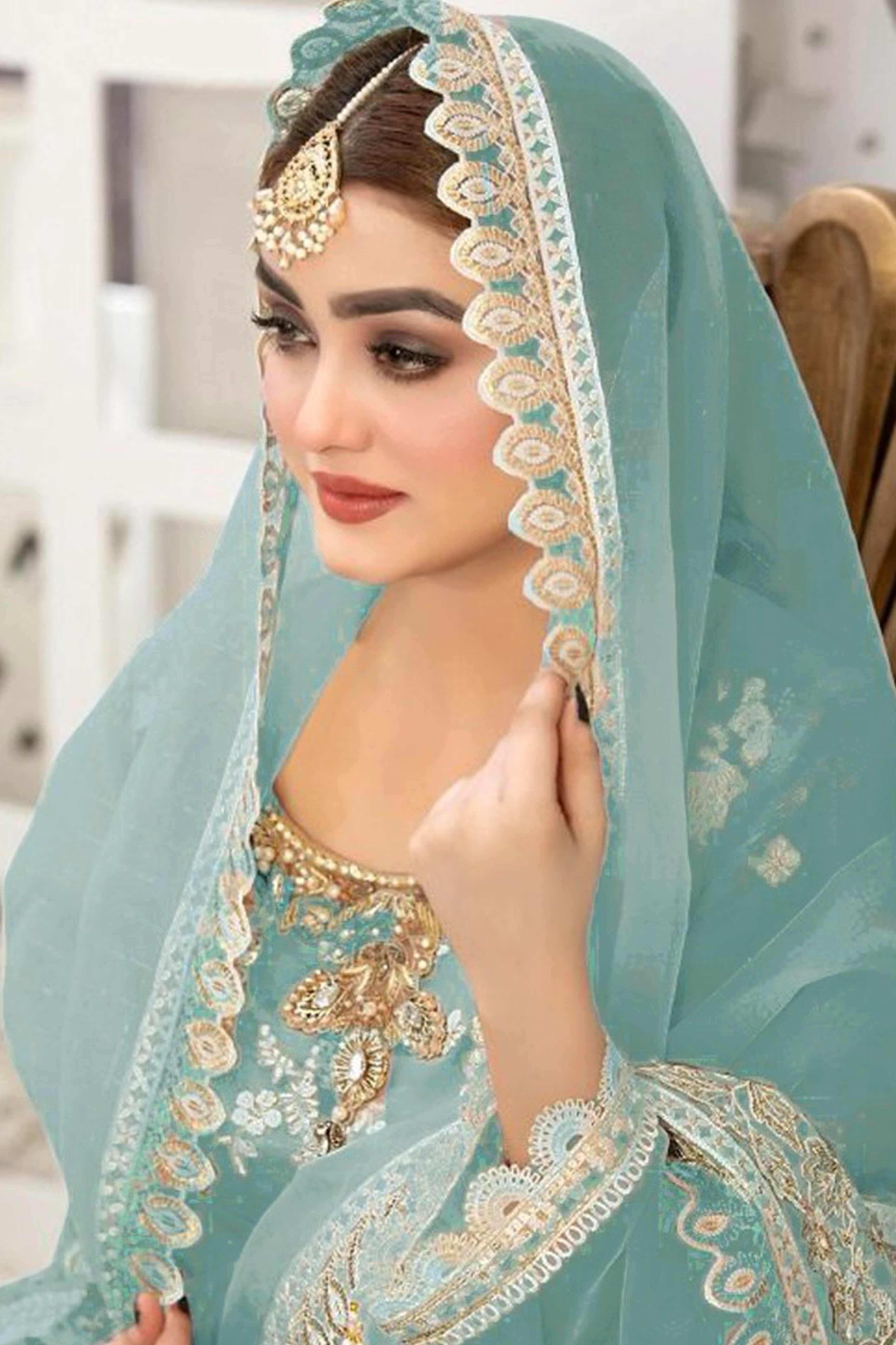 Blue Floral Embroidery With Moti Work Organza Semi Stitched Pakistani Suit