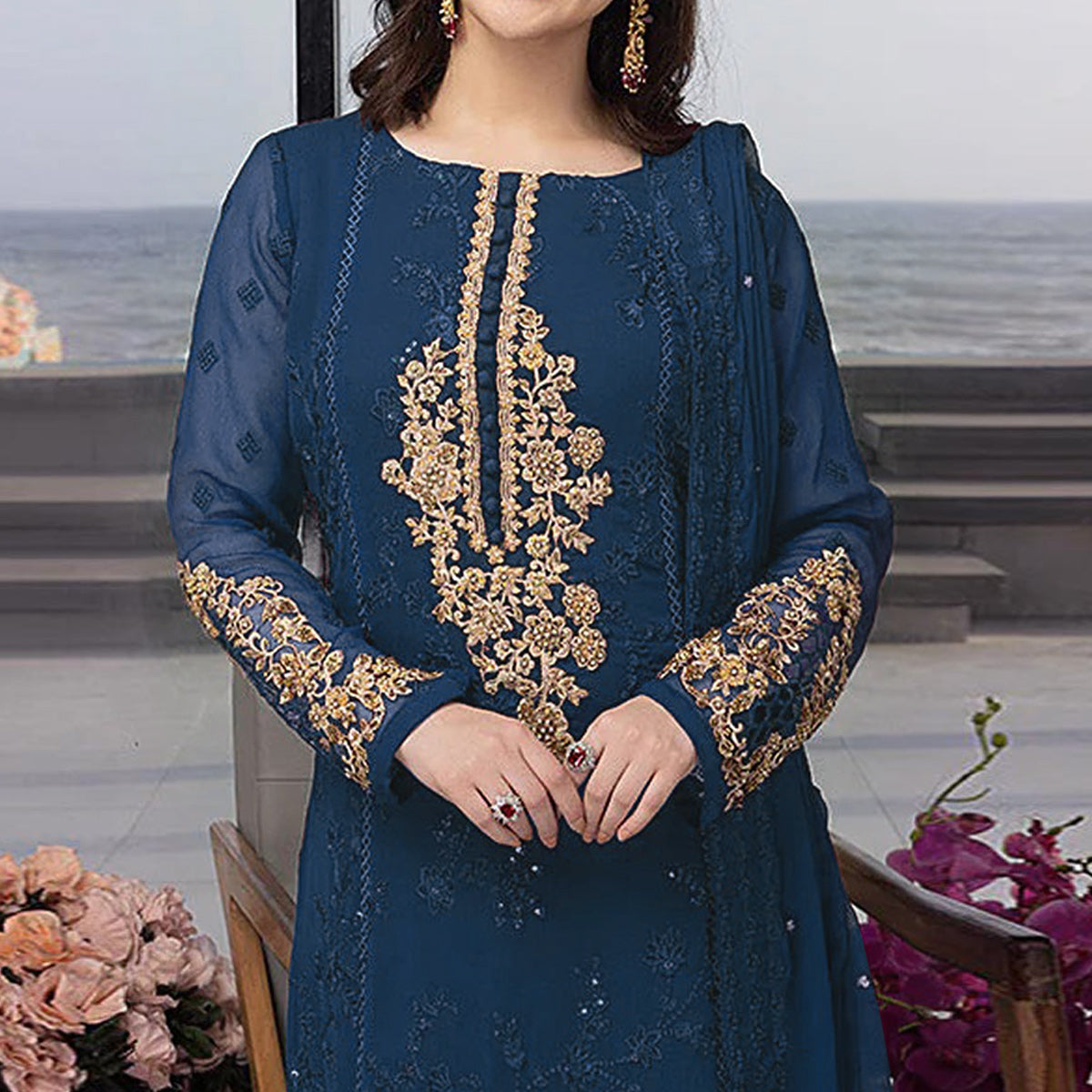 Blue Floral Embroidered Georgette Semi Stitched Pakistani Suit