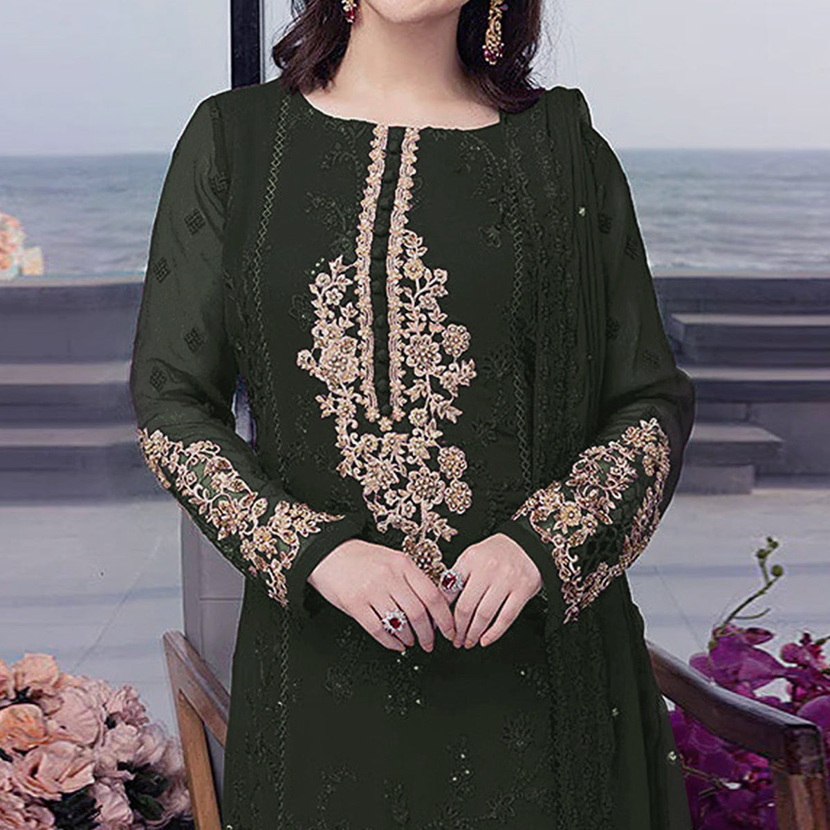 Green Floral Embroidered Georgette Semi Stitched Pakistani Suit