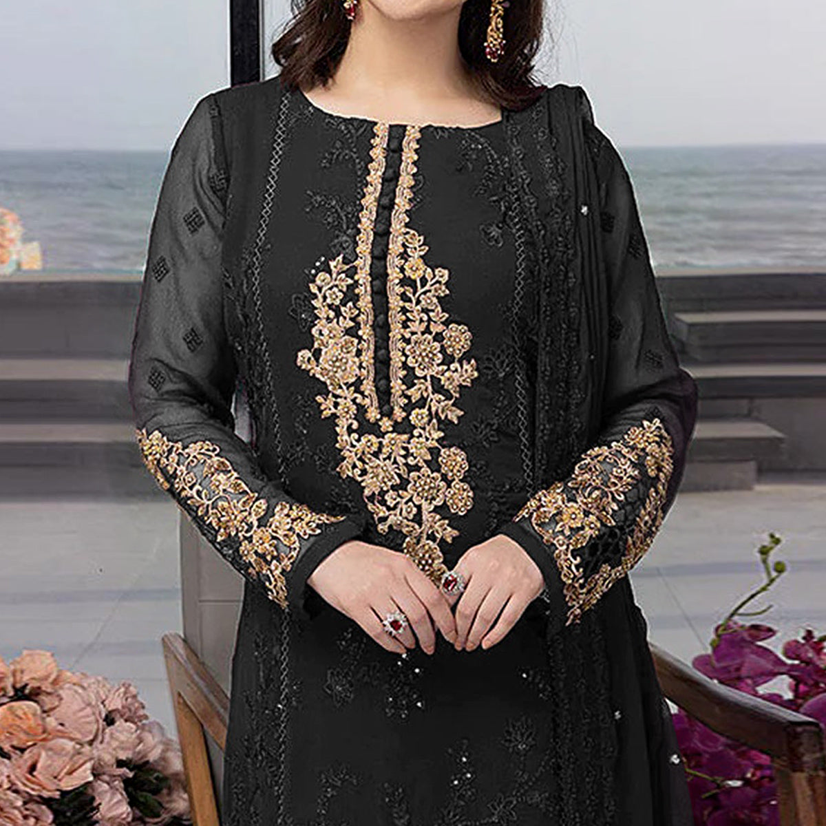 Black Floral Embroidered Georgette Semi Stitched Pakistani Suit