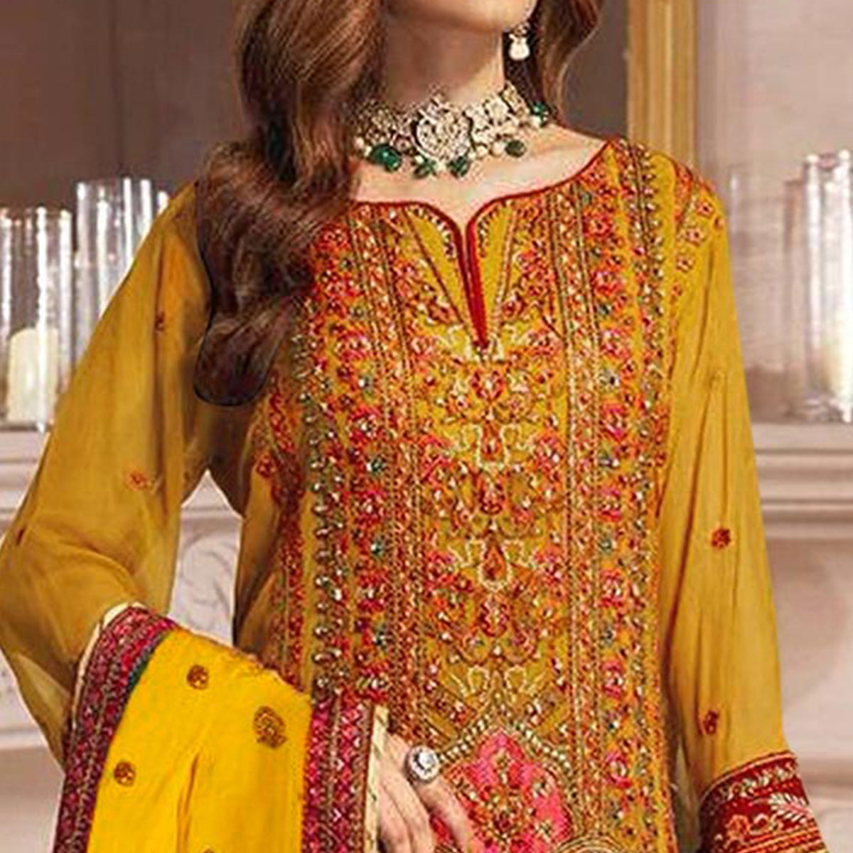 Mustard Embroidered Georgette Pakistani Dress Material
