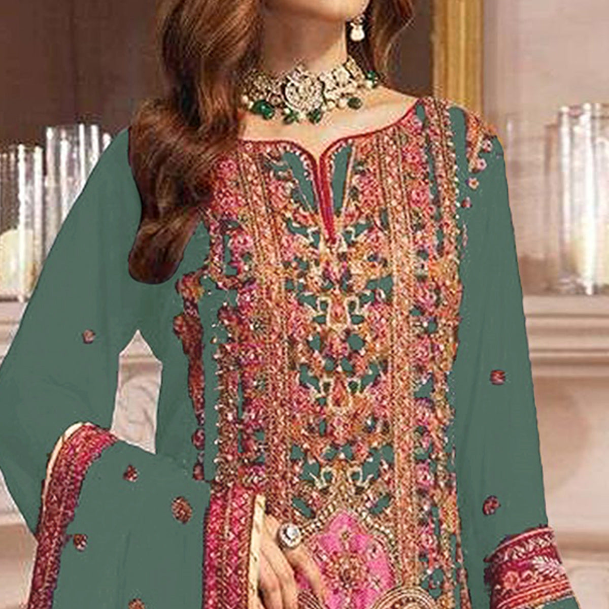 Dusty Green Embroidered Georgette Pakistani Dress Material