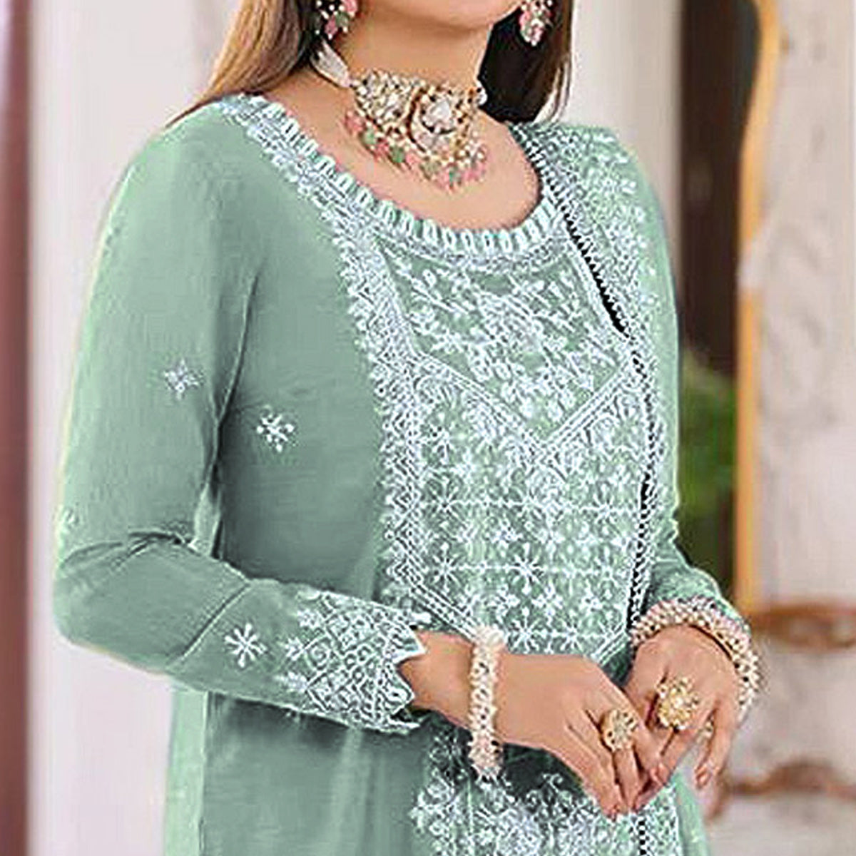 Green Embroidered Organza Pakistani Semi Stitched Dress Material