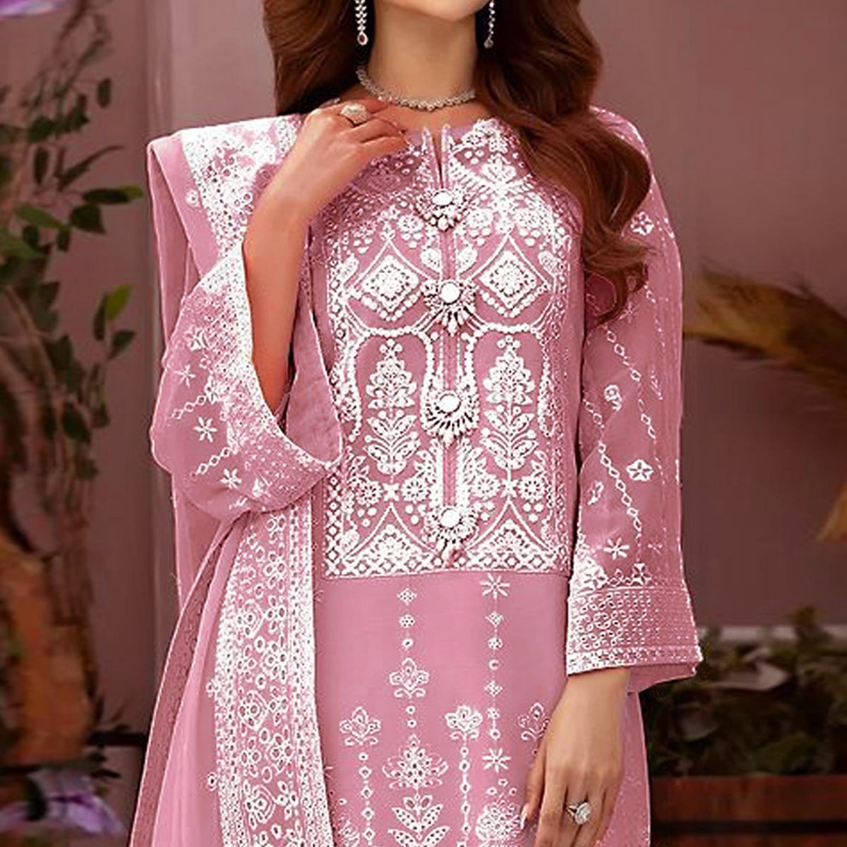 Light Pink Embroidered Organza Pakistani Semi Stitched Dress Material