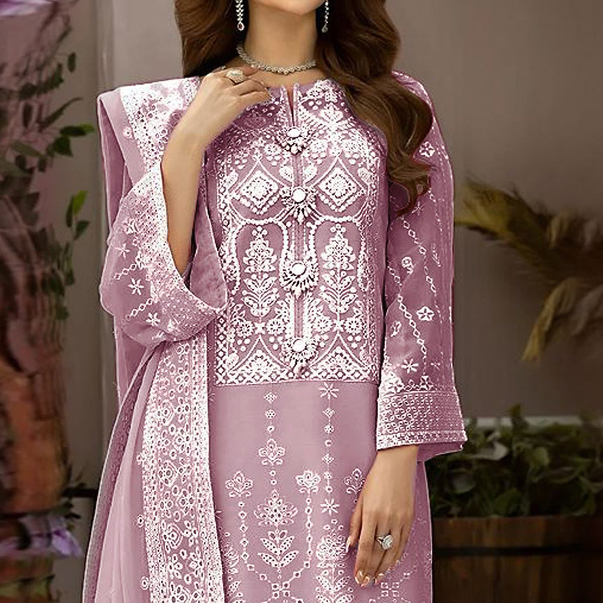 Light Purple Embroidered Organza Pakistani Semi Stitched Dress Material