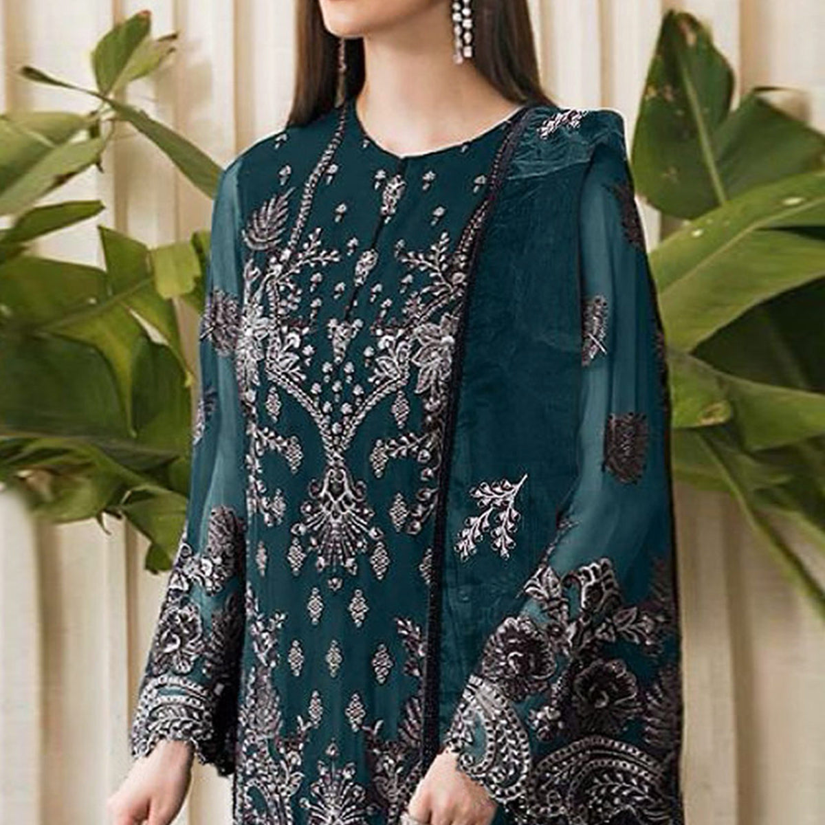 Teal Embroidered Georgette Pakistani Semi Stitched Dress Material