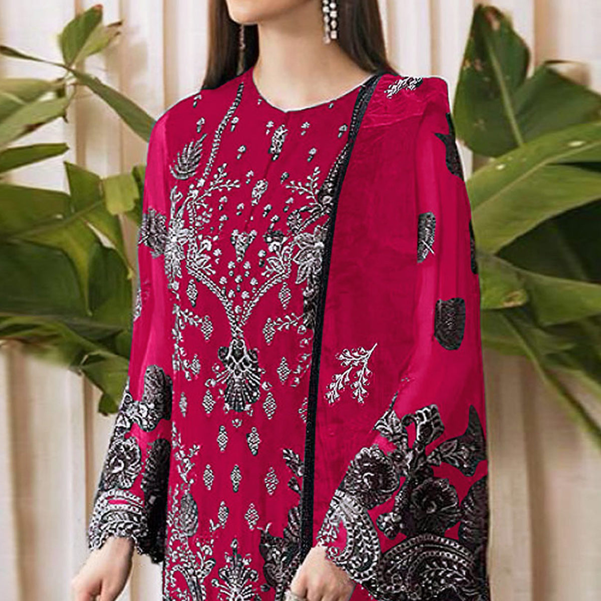 Magenta Embroidered Georgette Pakistani Semi Stitched Dress Material