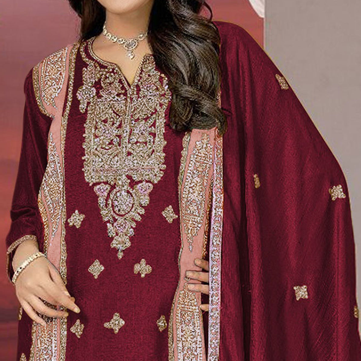 Maroon Floral Embroidered Vichitra Silk Semi Stitched Pakistani Suit