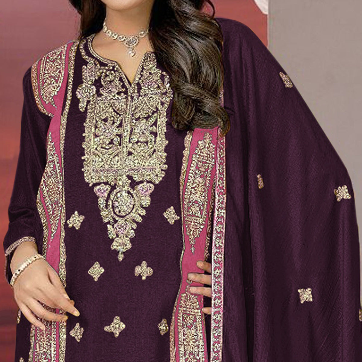 Wine Floral Embroidered Vichitra Silk Semi Stitched Pakistani Suit