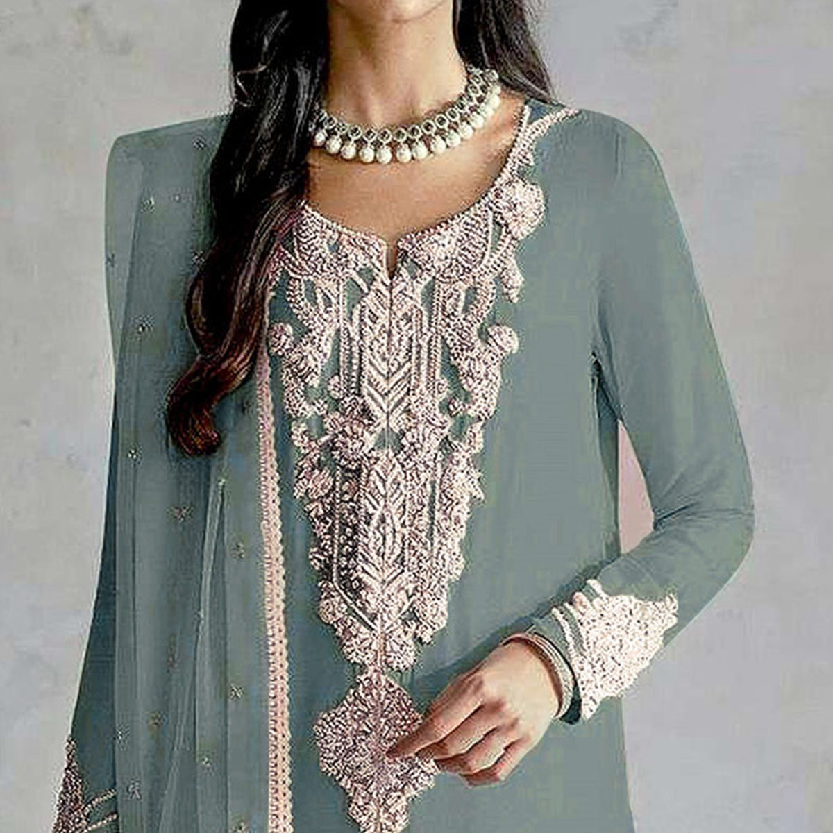 Sky Blue Embroidered Georgette Pakistani Dress Material