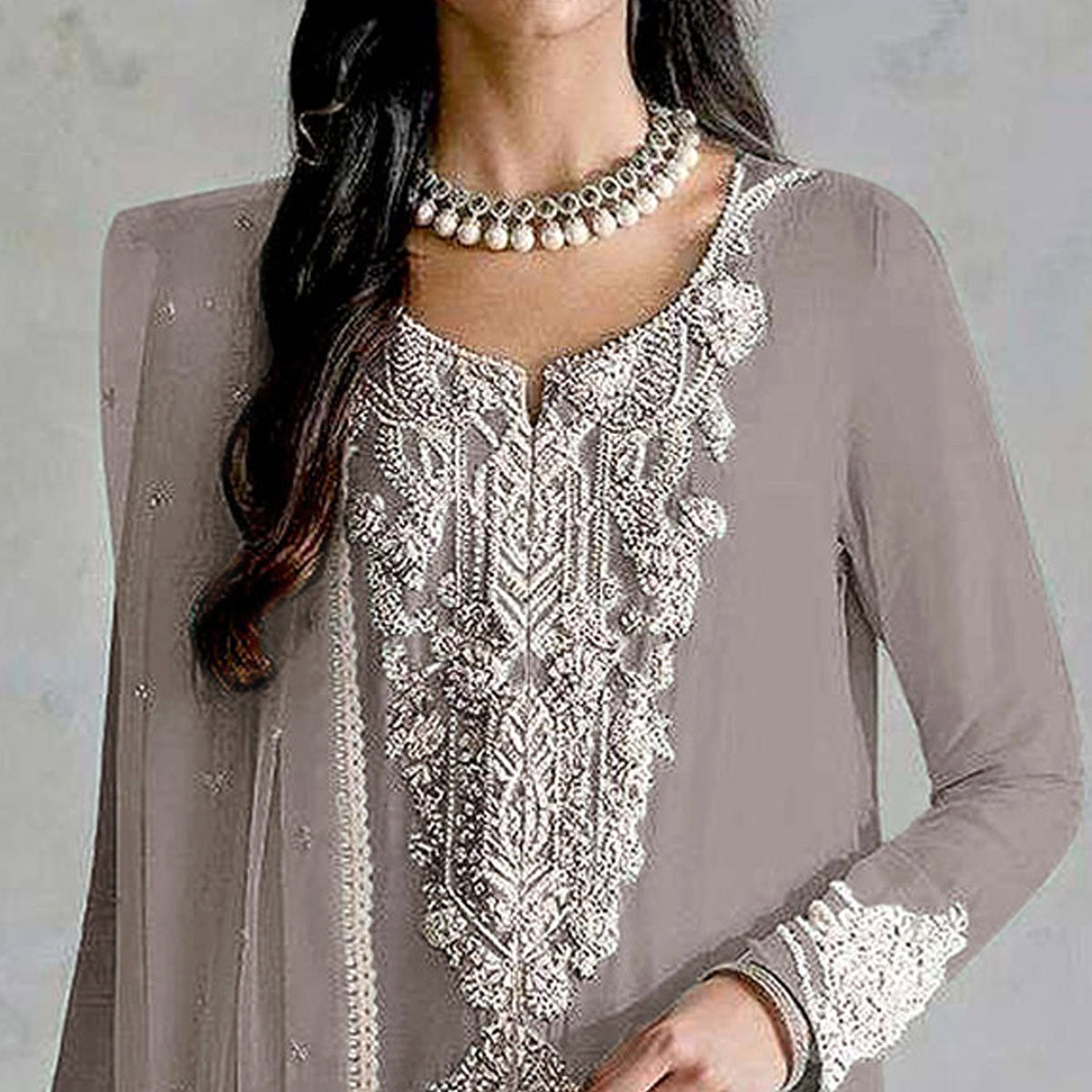 Light Grey Embroidered Georgette Pakistani Dress Material