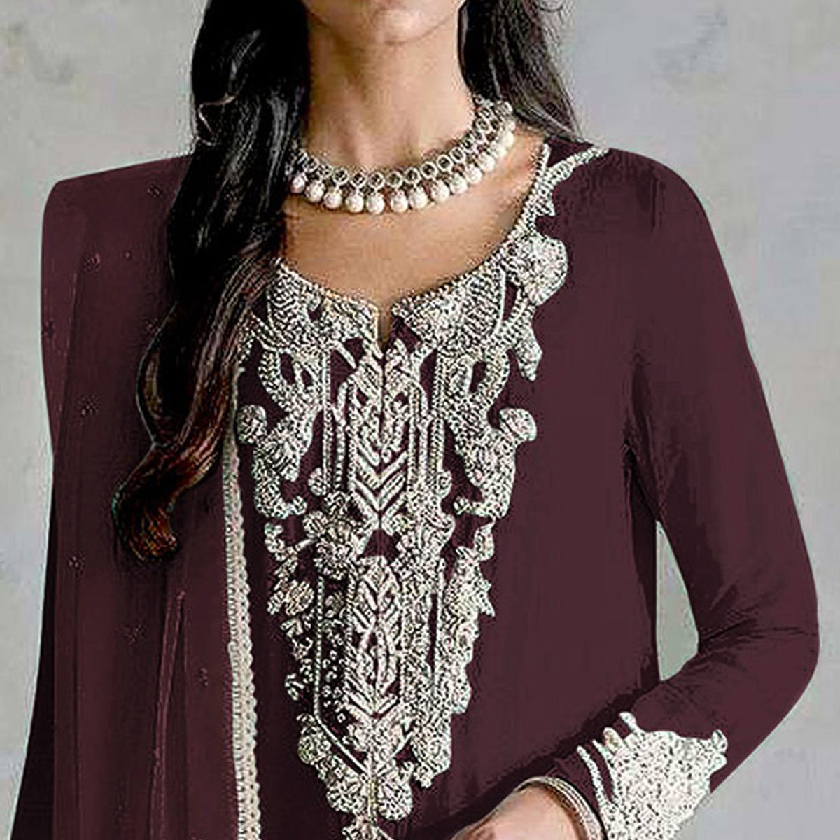 Wine Embroidered Georgette Pakistani Dress Material