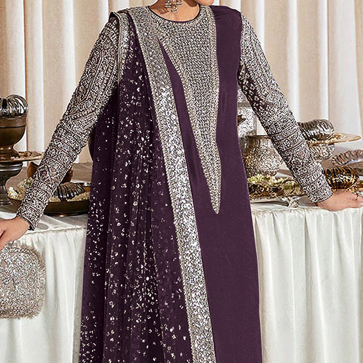 Purple Sequins Embroidered Georgette Pakistani Suit