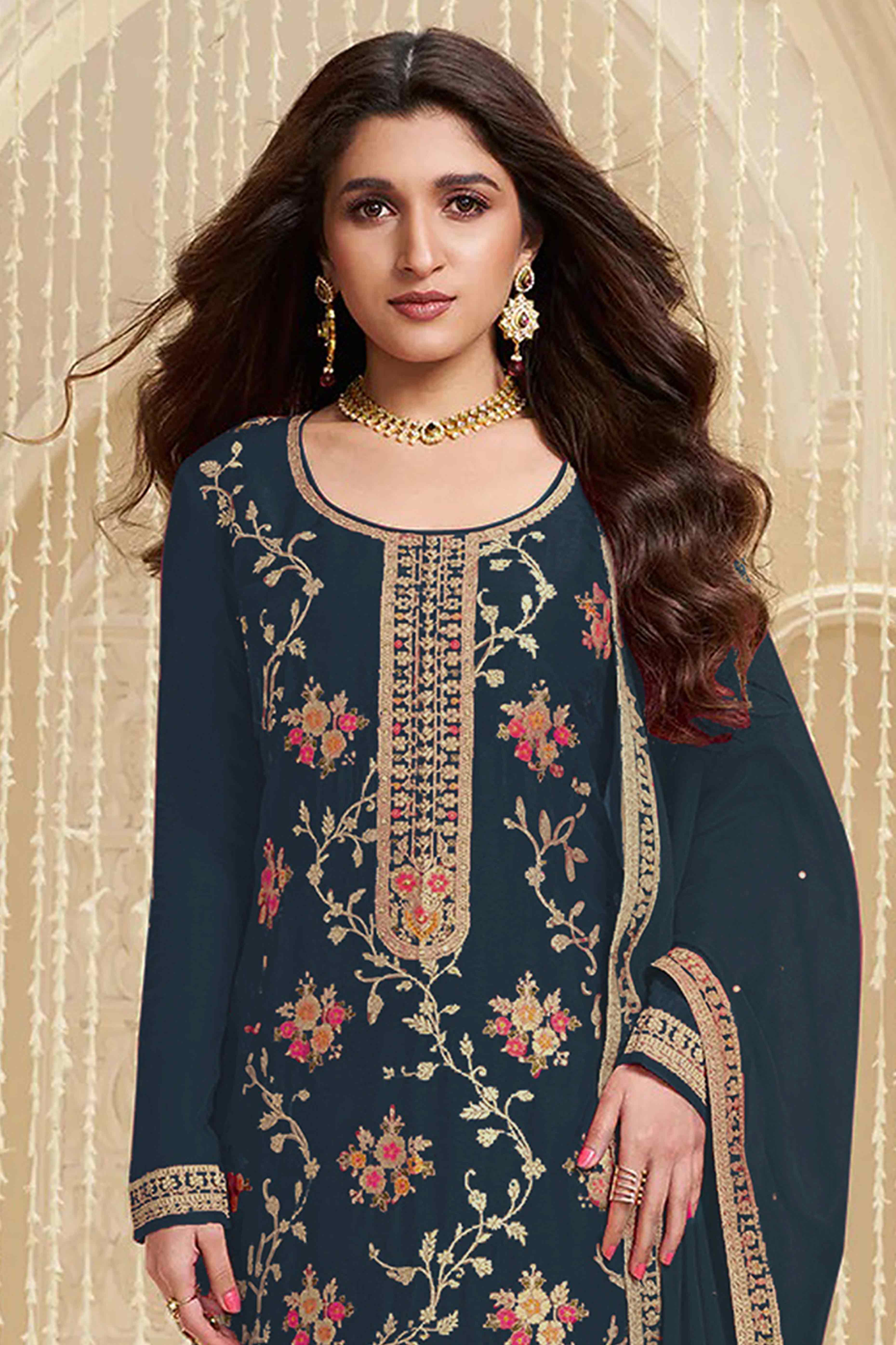 Dark Rama Blue Floral Woven With Embroidered Viscose Semi Stitched Suit