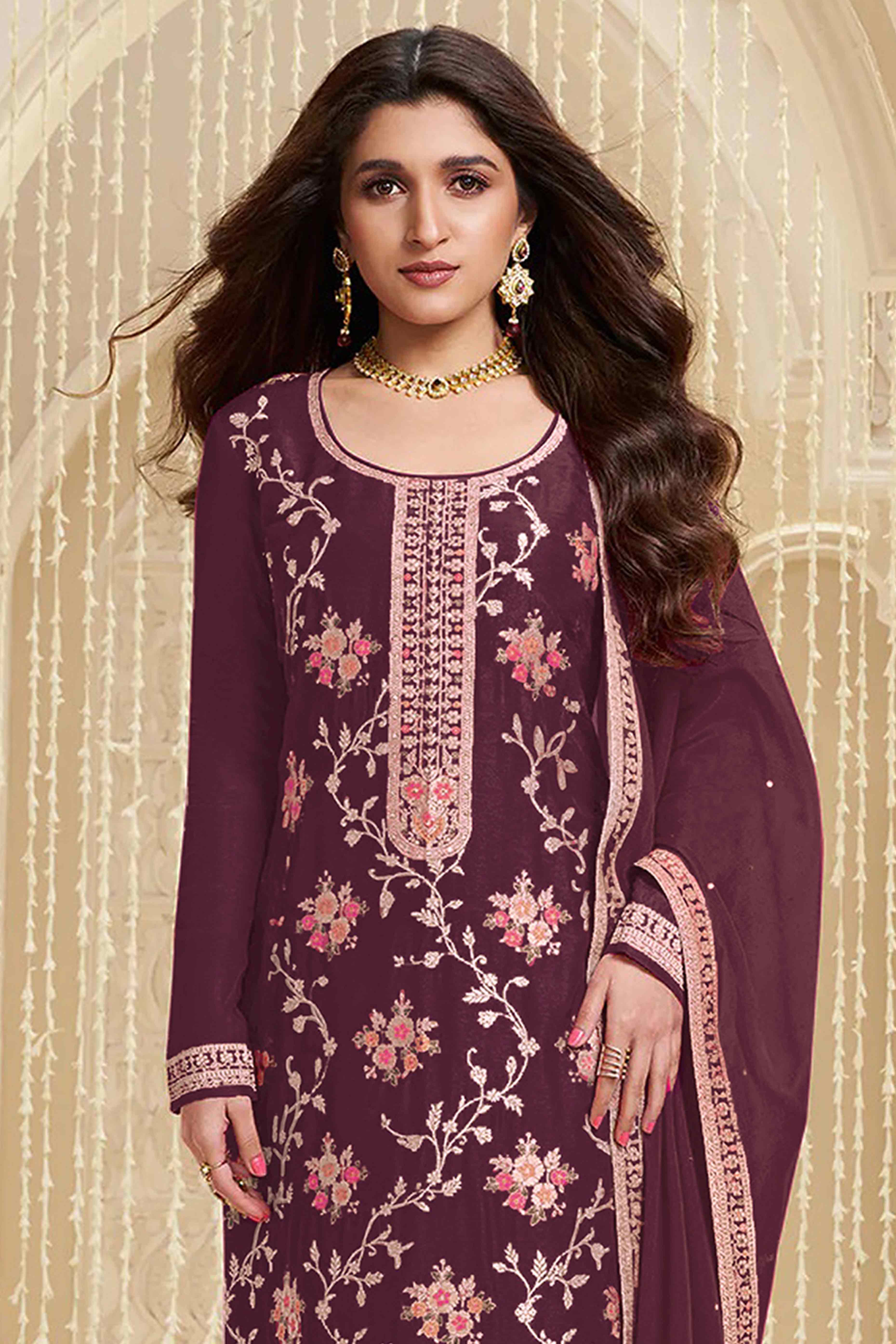 Wine Floral Woven With Embroidered Viscose Semi Stitched Suit