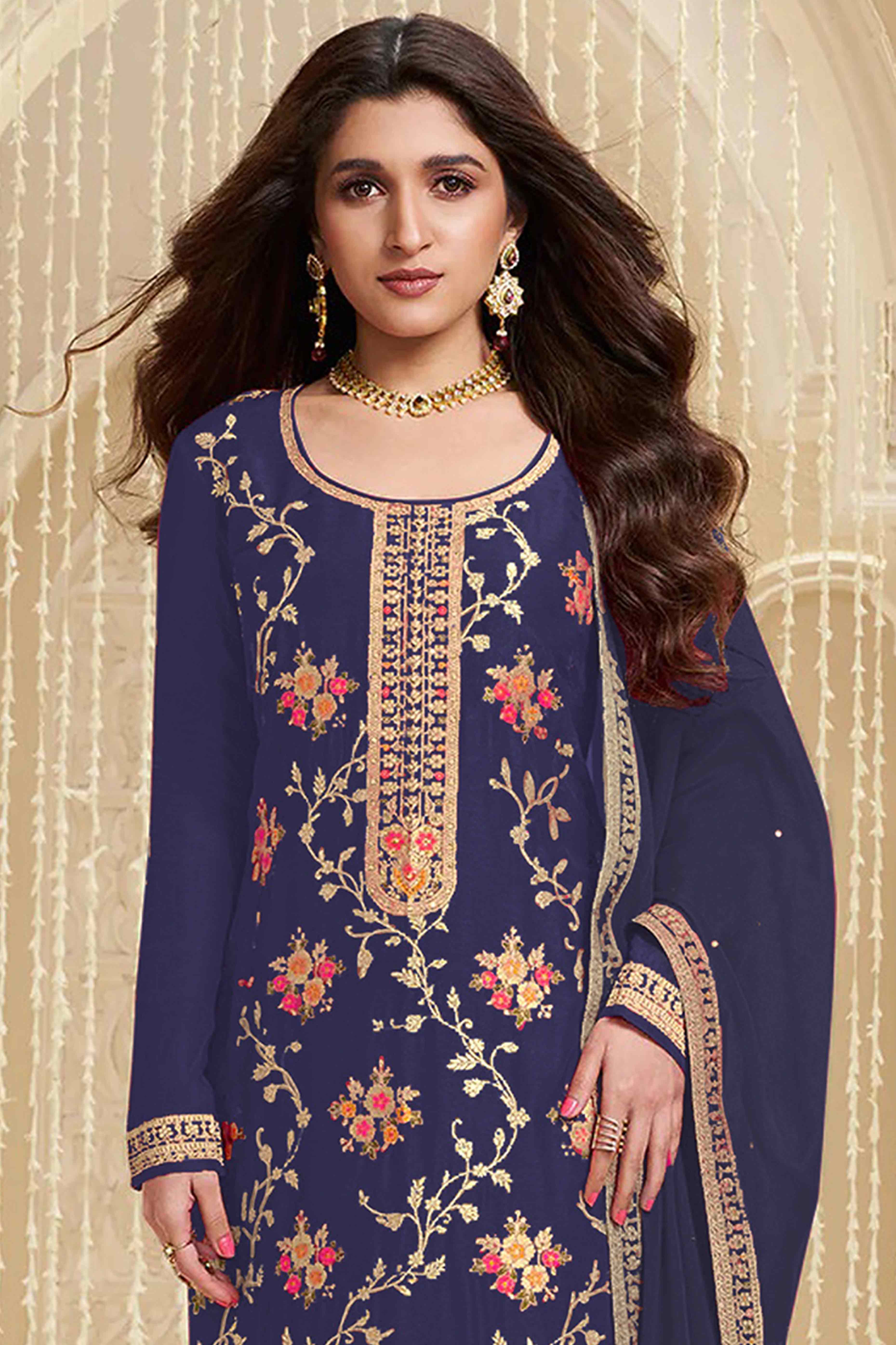Blue Floral Woven With Embroidered Viscose Semi Stitched Suit