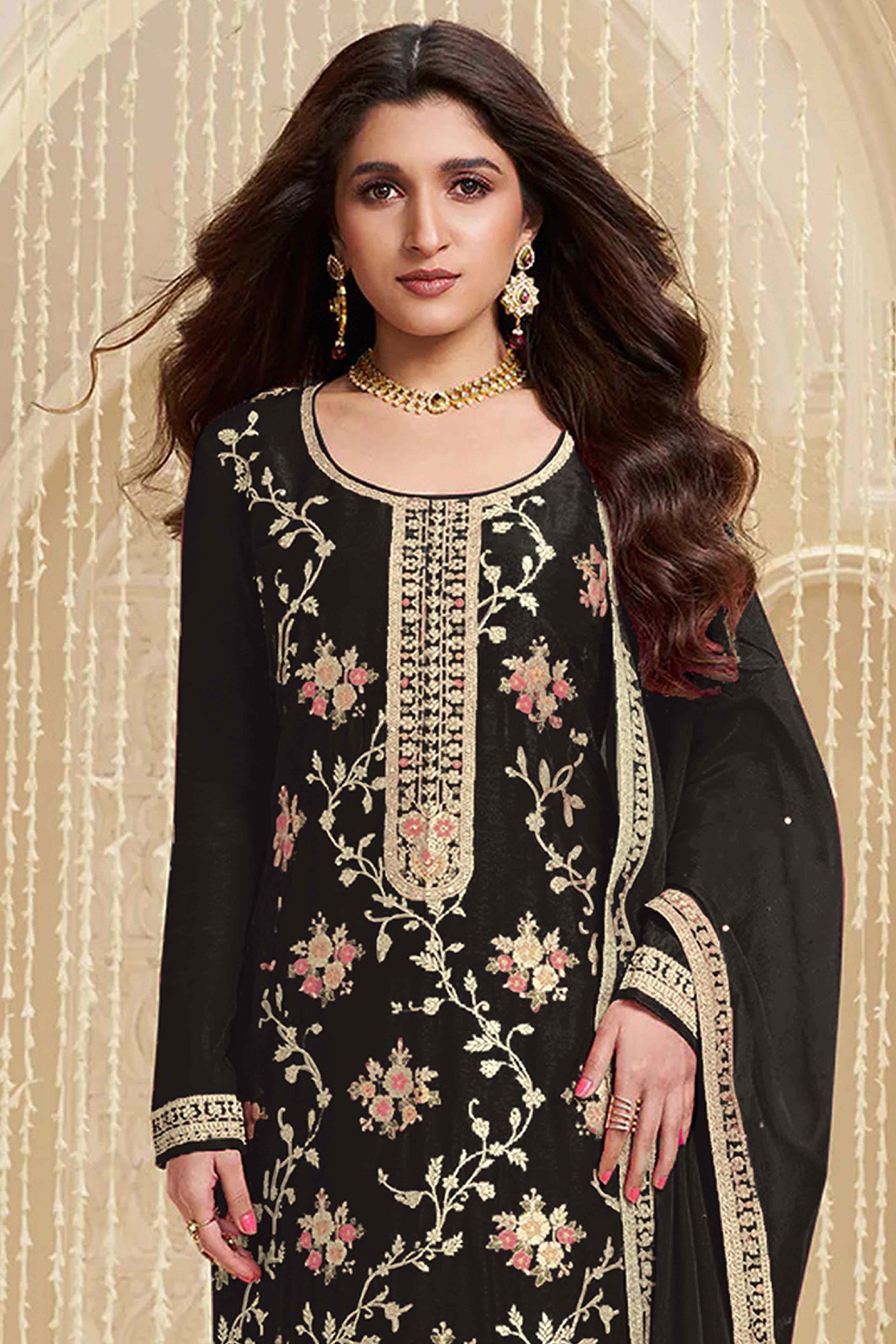 Black Floral Woven With Embroidered Viscose Semi Stitched Suit
