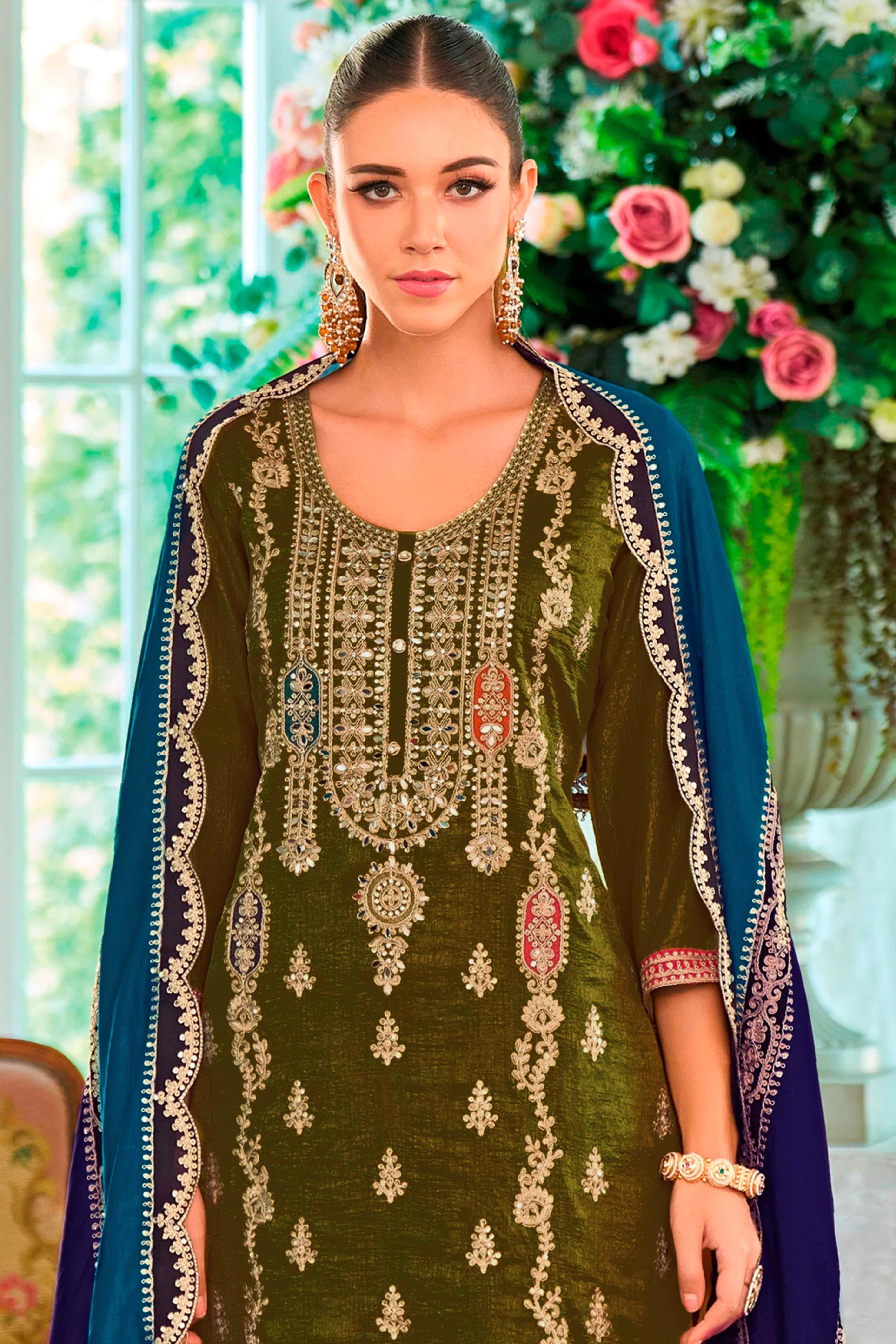 Mehendi Green Floral Sequins Embroidered Chinon Semi Stitched Palazzo Suit