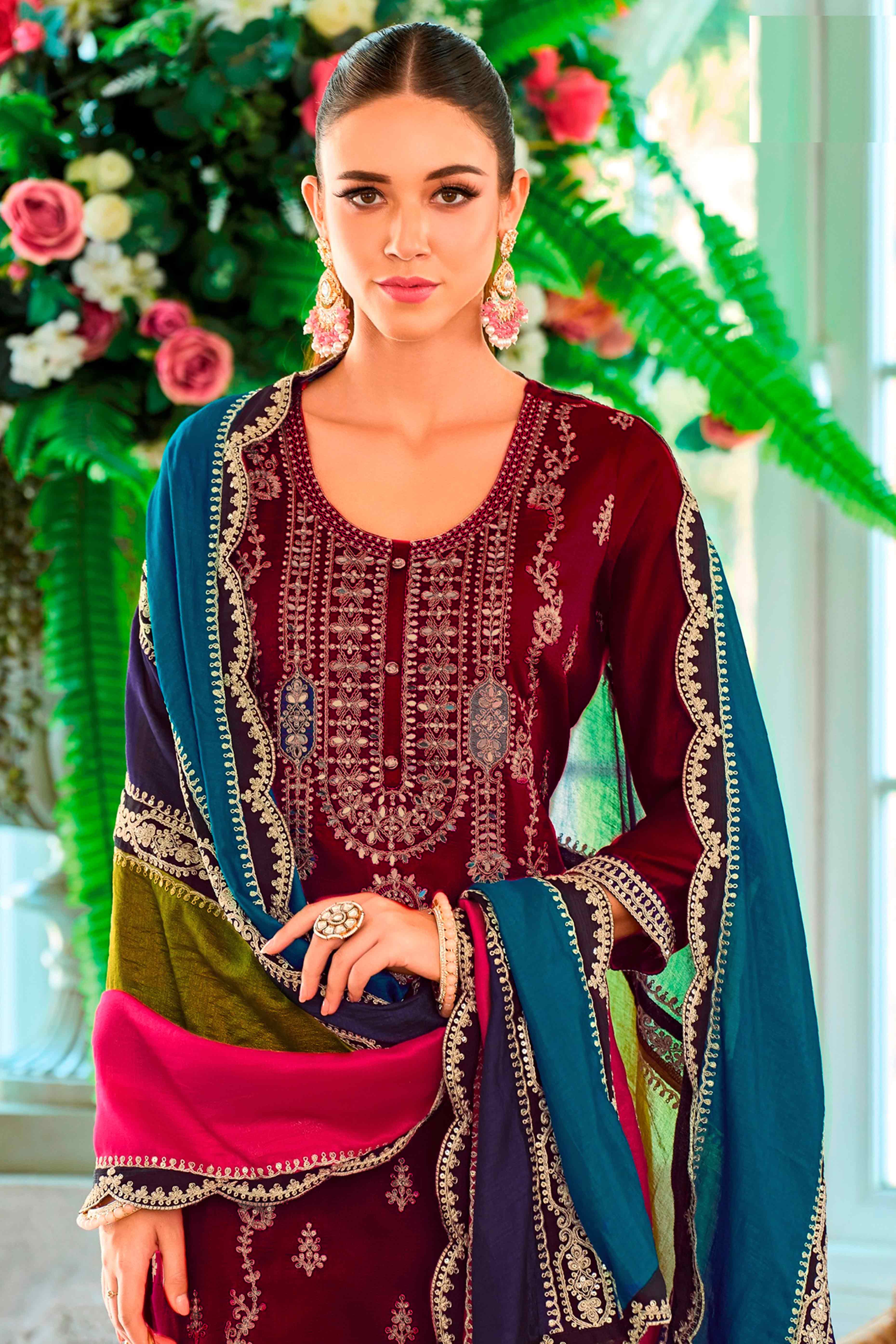 Rani Pink Floral Sequins Embroidered Chinon Semi Stitched Palazzo Suit