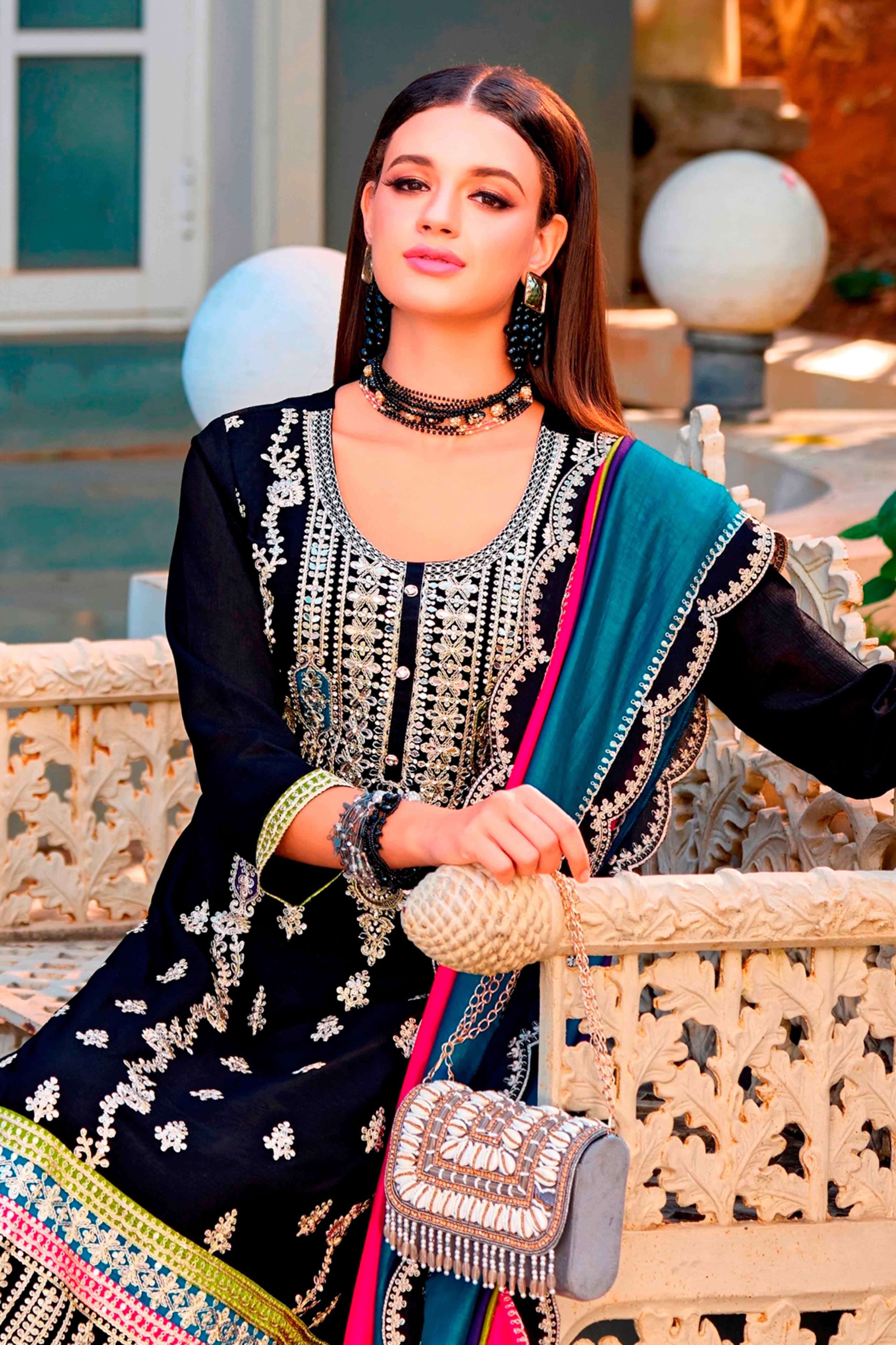 Black Floral Sequins Embroidered Chinon Semi Stitched Palazzo Suit