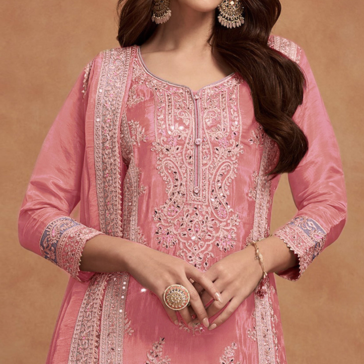 Peach Floral Sequins Embroidered Vichitra Silk Semi Stitched Palazzo Suit