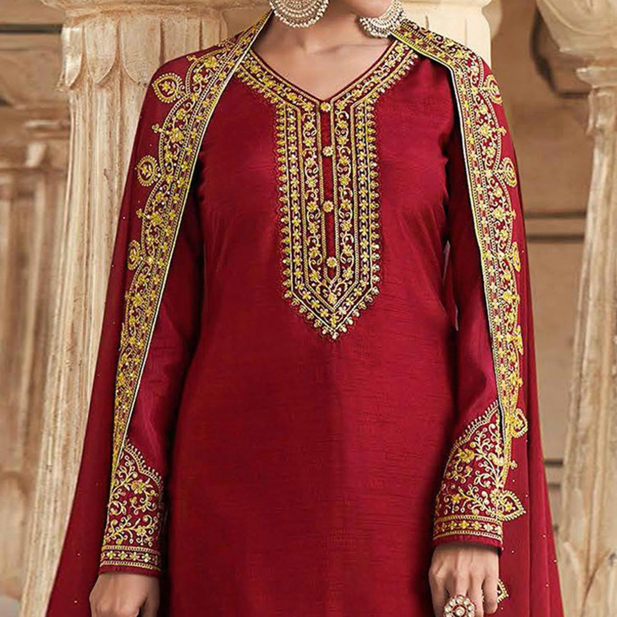Maroon Floral Sequins Embroidered Dola Silk Palazzo Suit
