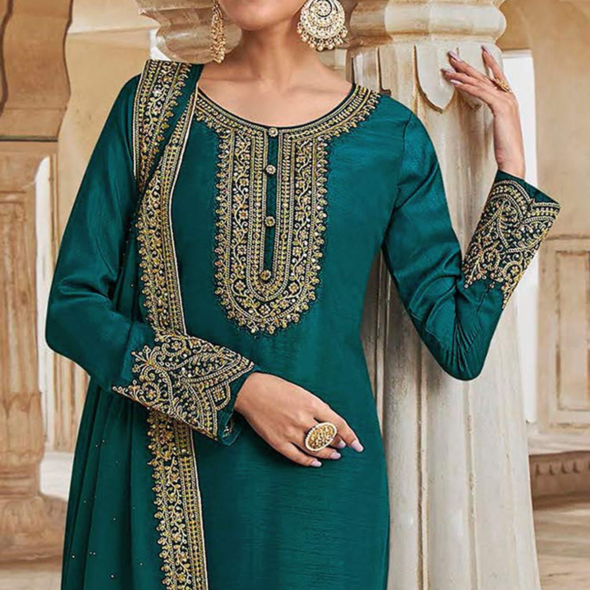 Aqua Blue Floral Sequins Embroidered Dola Silk Palazzo Suit