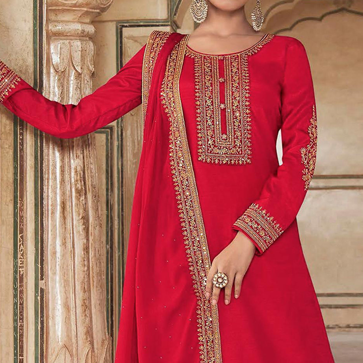 Pink Floral Sequins Embroidered Dola Silk Palazzo Suit