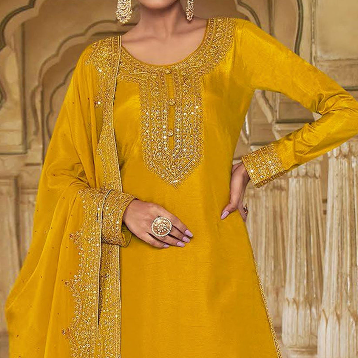 Yellow Floral Sequins Embroidered Dola Silk Palazzo Suit
