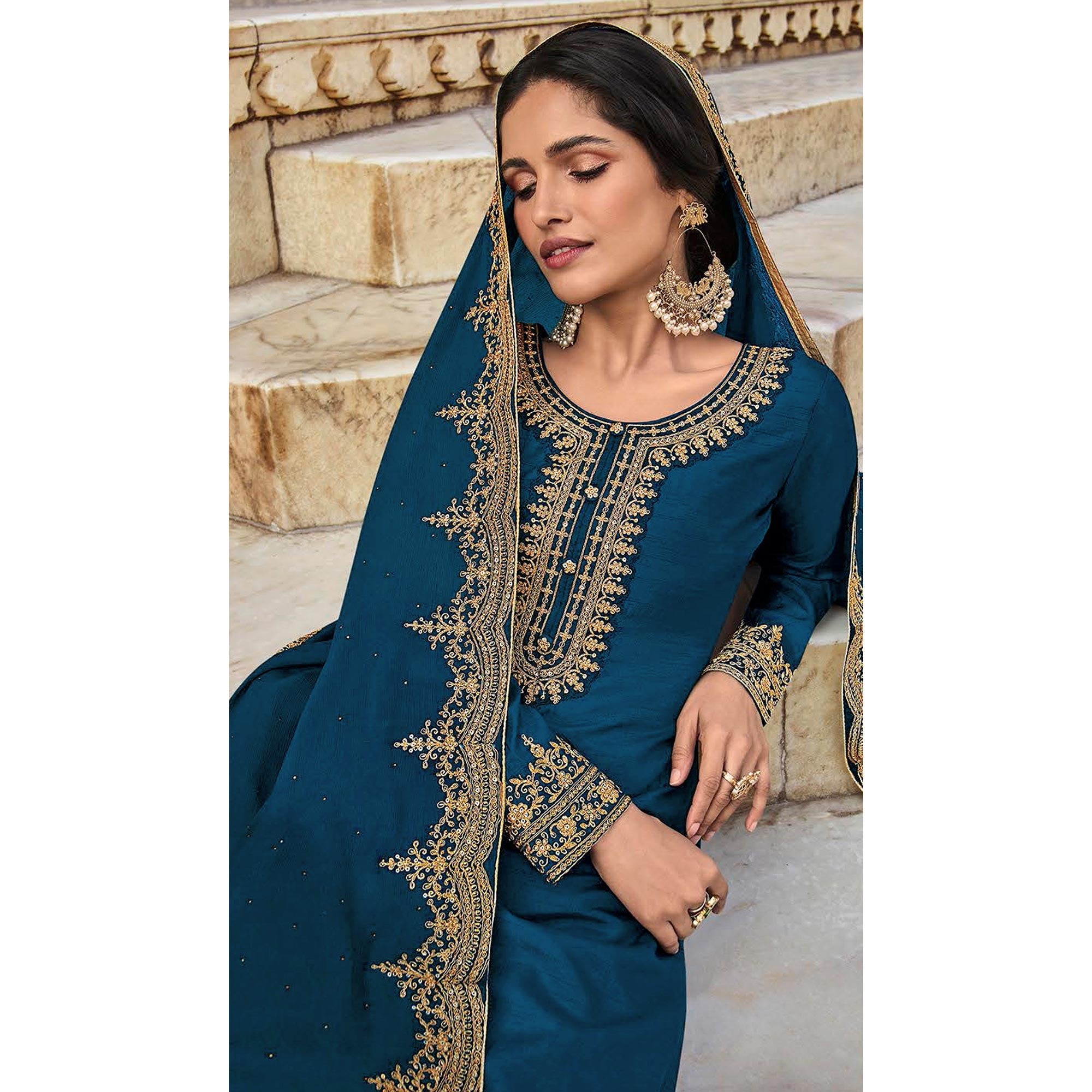 Blue Floral Sequins Embroidered Dola Silk Palazzo Suit