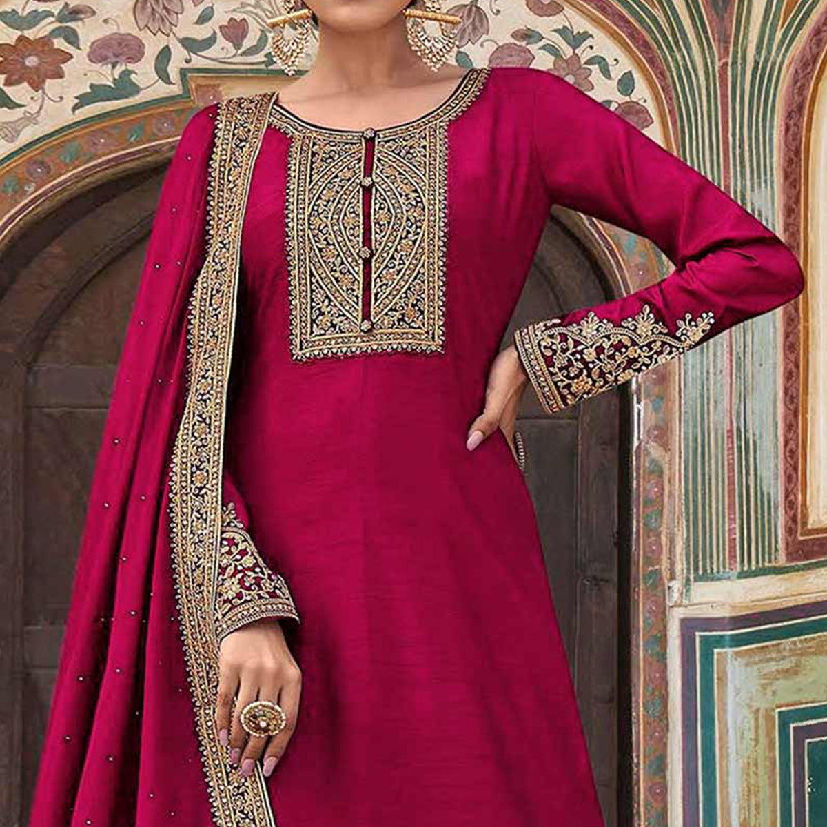 Purple Floral Sequins Embroidered Dola Silk Palazzo Suit