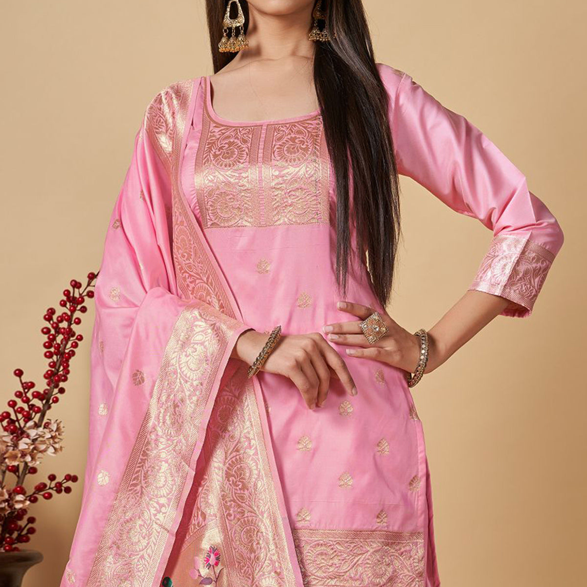 Baby Pink Floral Woven Banarasi Silk Paithani Dress Material