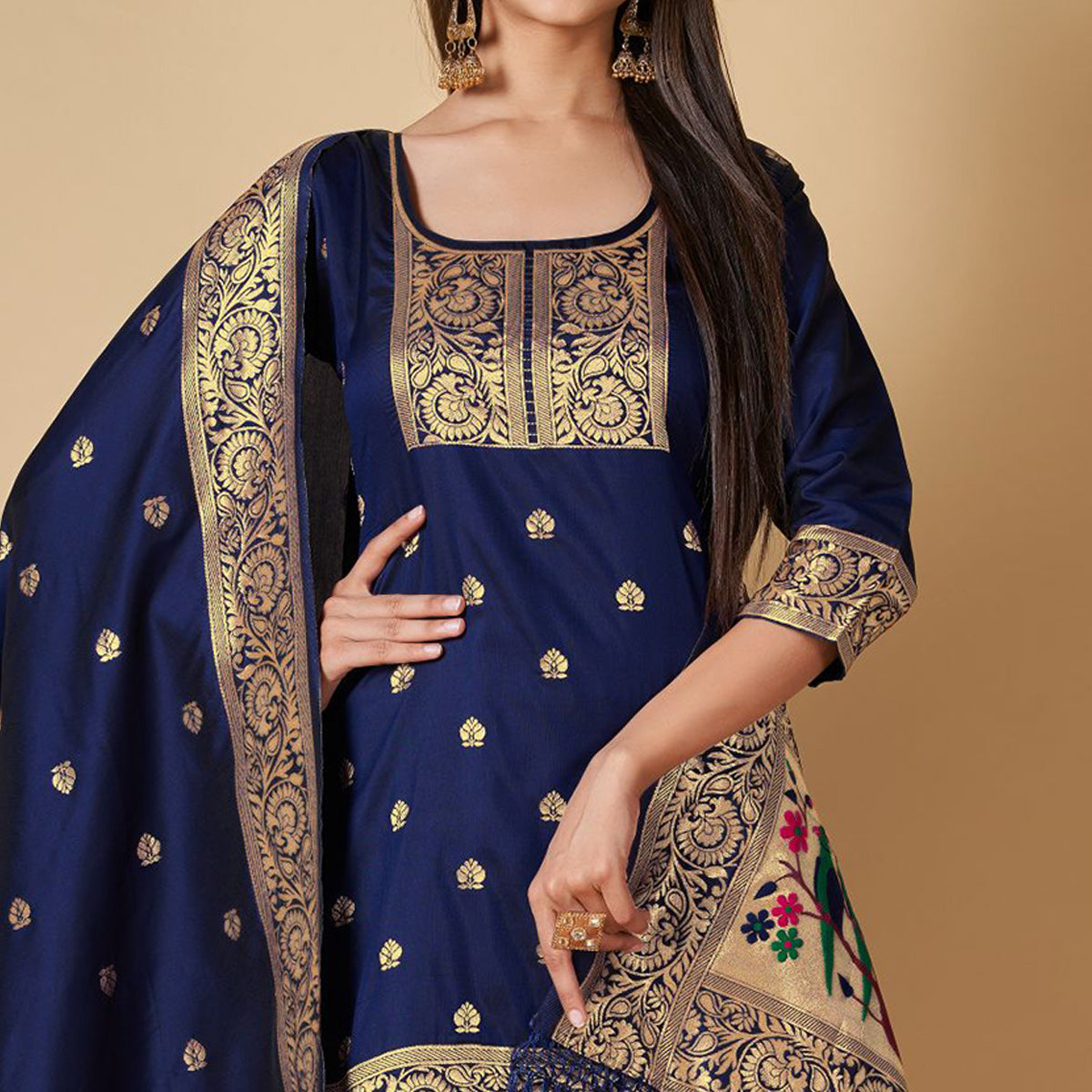 Navy Blue Floral Woven Banarasi Silk Paithani Dress Material