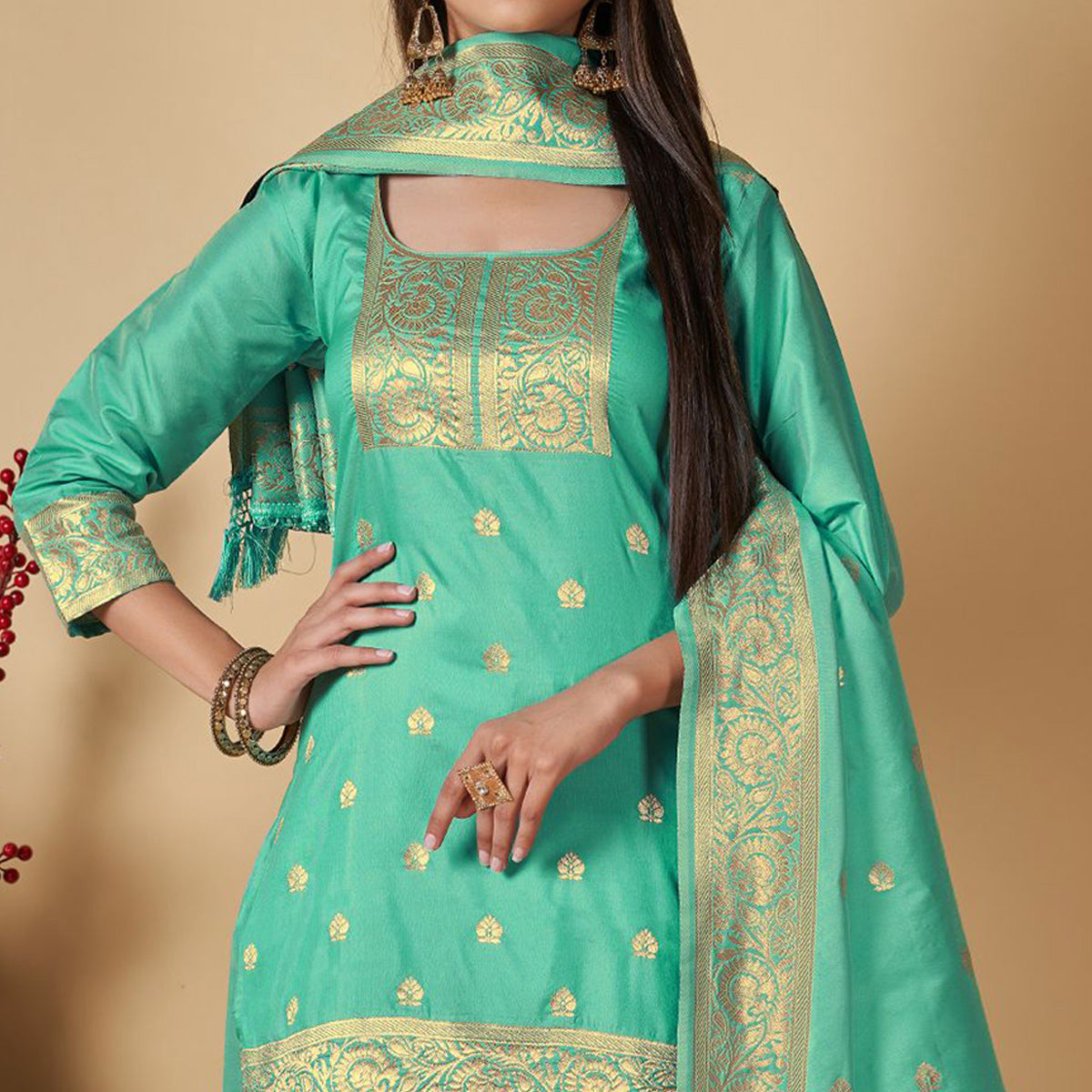 Sea Green Floral Woven Banarasi Silk Paithani Dress Material