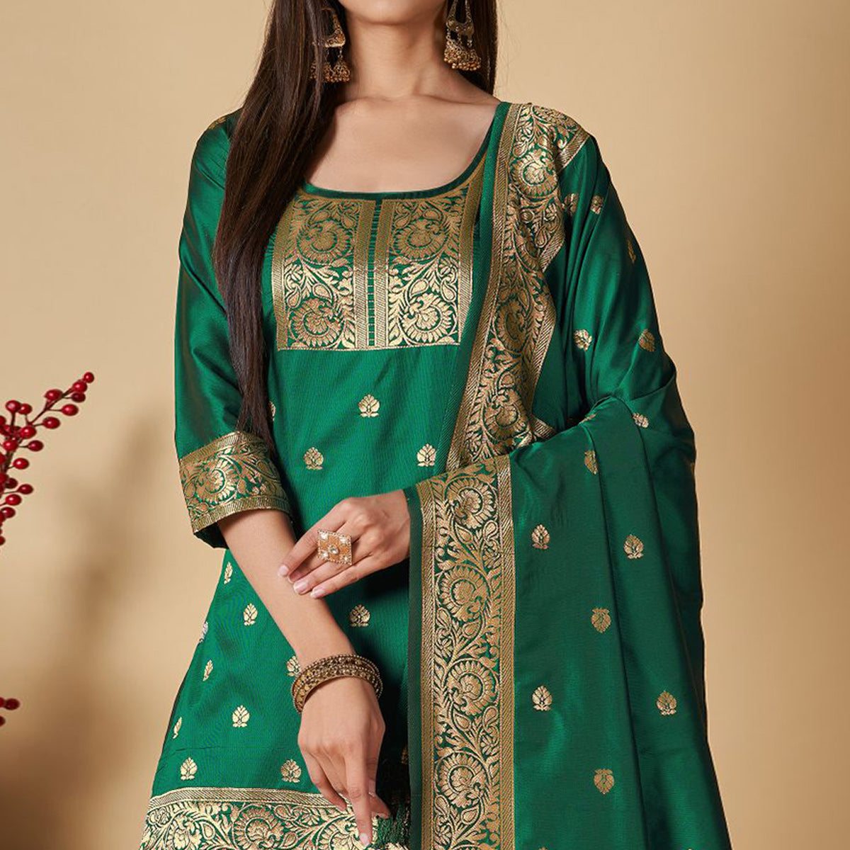Green Floral Woven Banarasi Silk Paithani Dress Material
