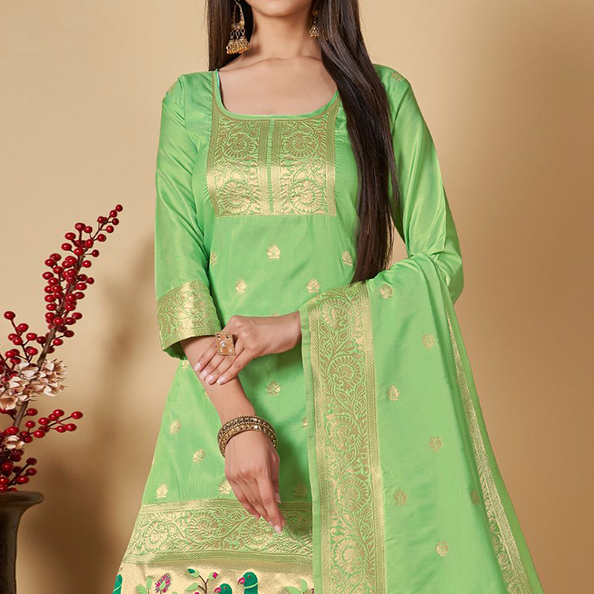 Pista Green Floral Woven Banarasi Silk Paithani Dress Material