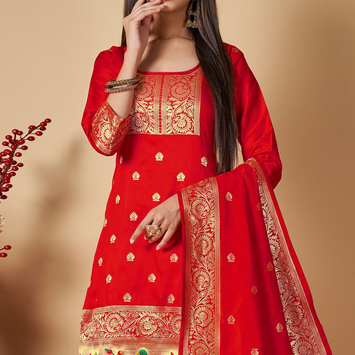 Red Floral Woven Banarasi Silk Paithani Dress Material