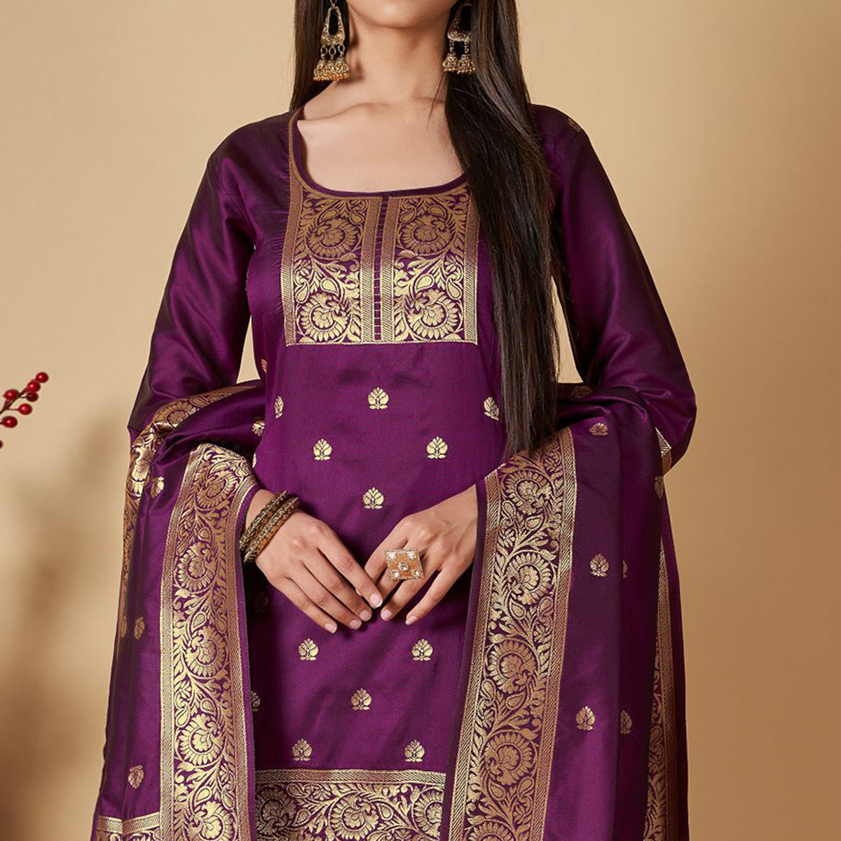 Purple Floral Woven Banarasi Silk Paithani Dress Material