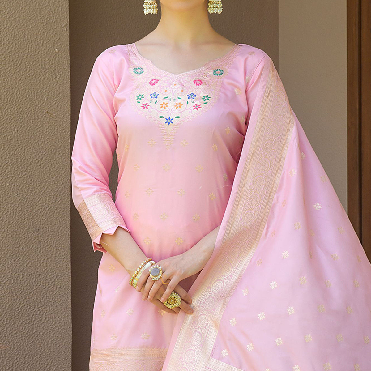 Baby Pink Floral Woven Banarasi Silk Paithani Dress Material