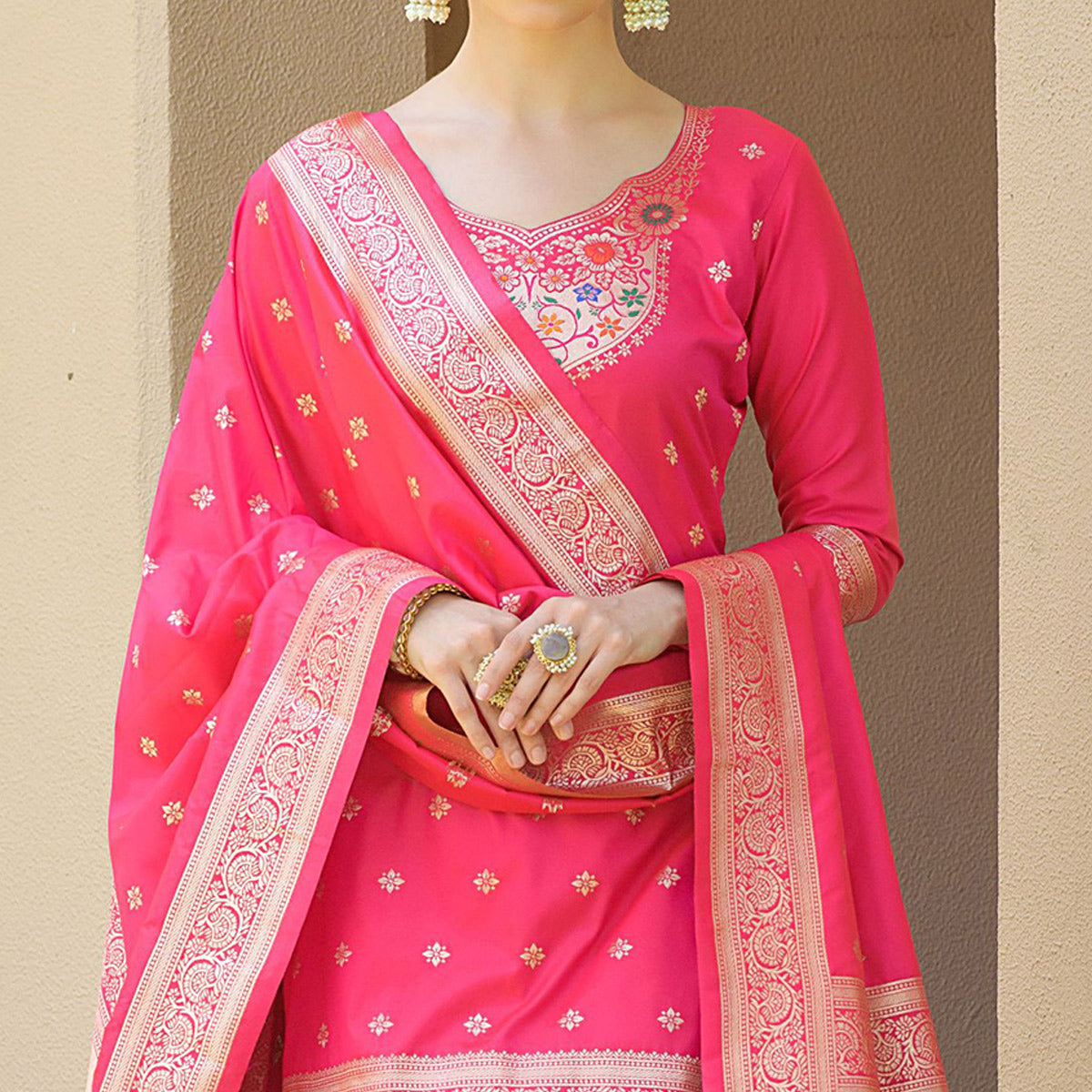 Pink Floral Woven Banarasi Silk Paithani Dress Material