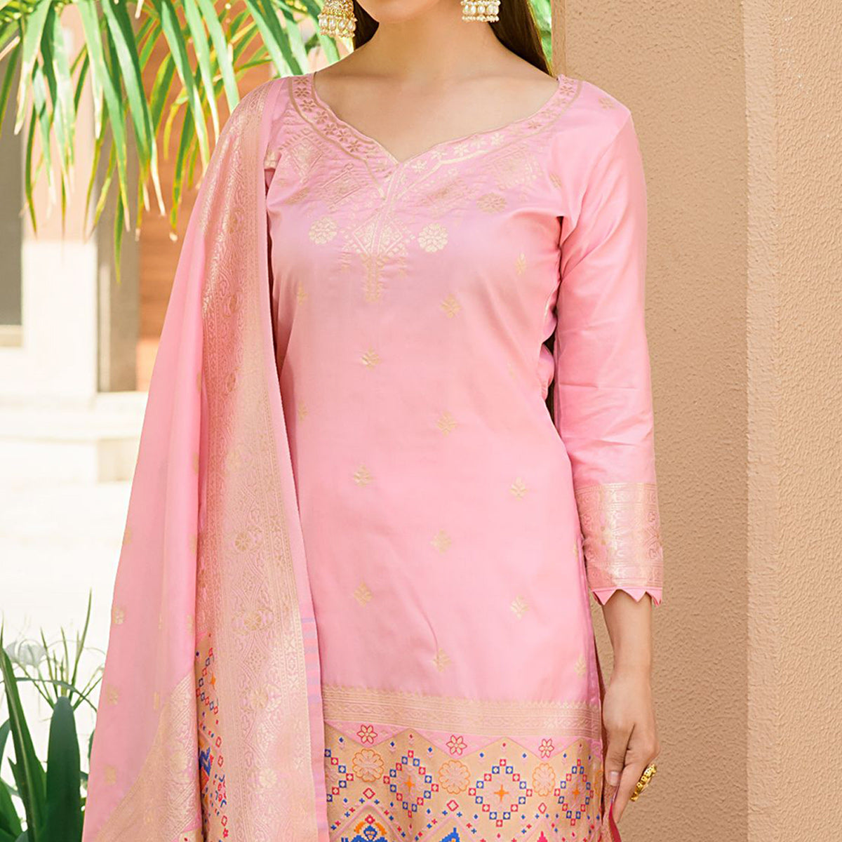 Baby Pink Floral Woven Banarasi Silk Paithani Dress Material